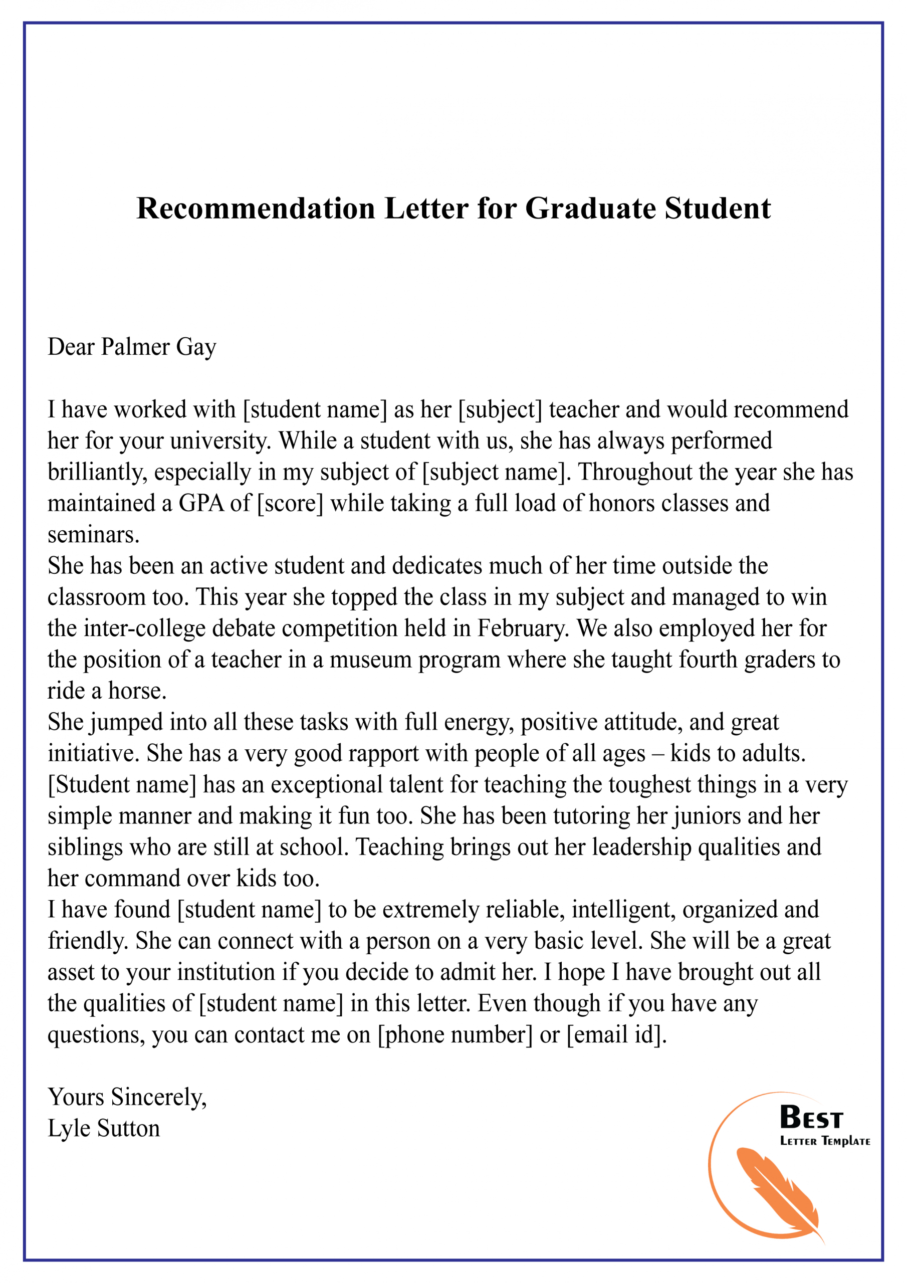 phd student recommendation letter