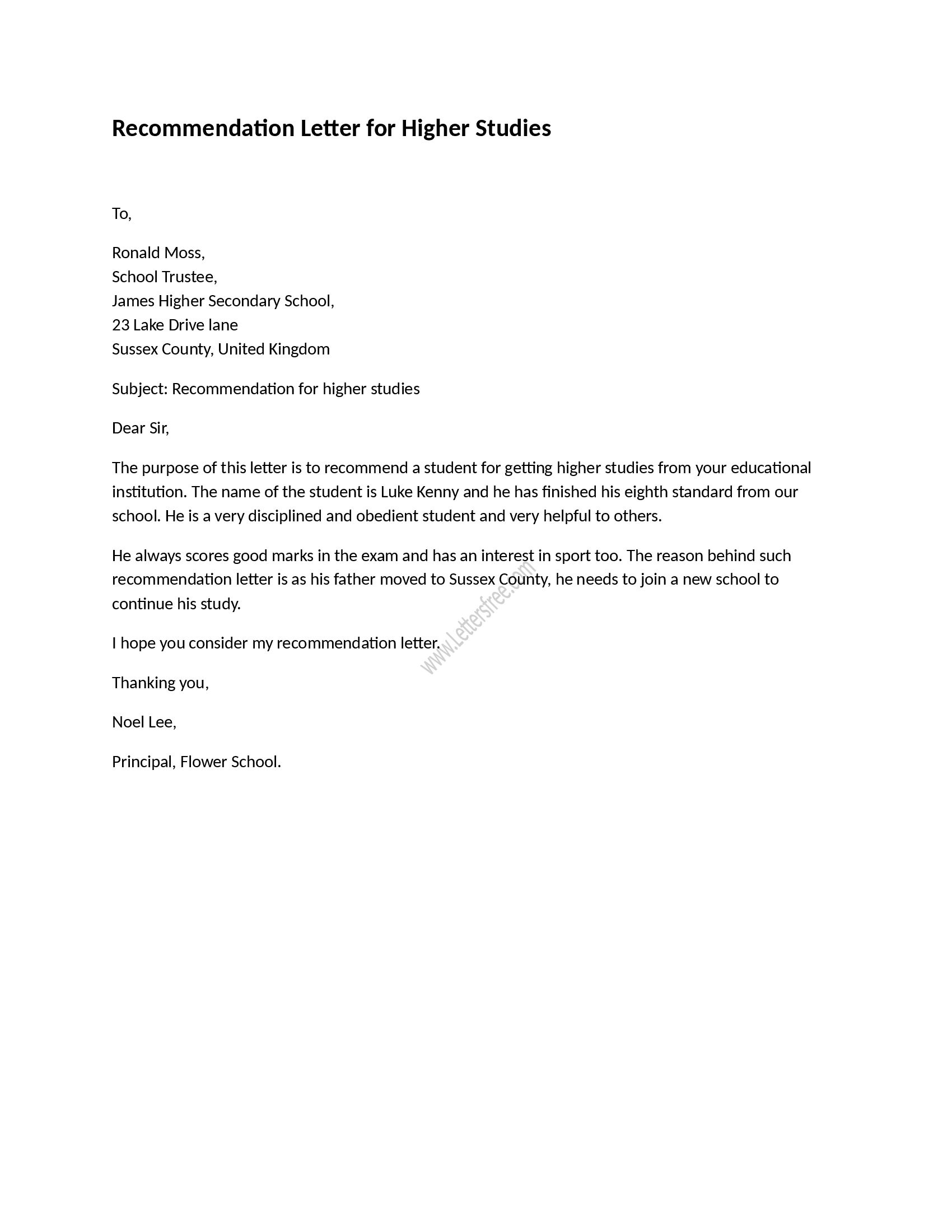 Recommendation Letter For Higher Studies Reference Letter intended for size 1700 X 2200