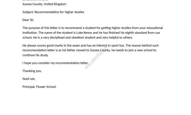 Recommendation Letter For Higher Studies Reference Letter pertaining to sizing 1700 X 2200