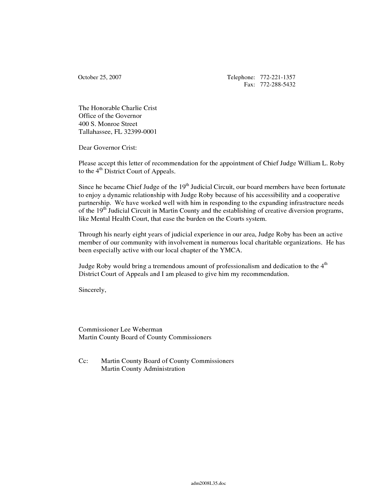 Recommendation Letter For Judge Enom in proportions 1275 X 1650