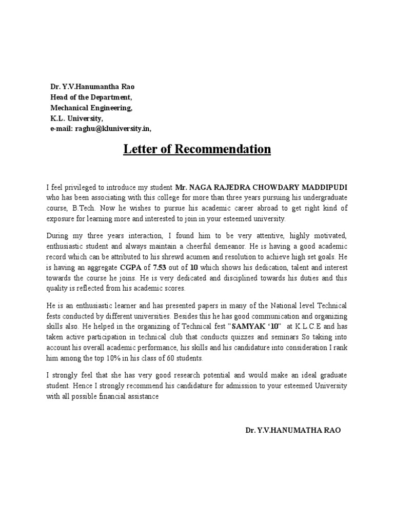 recommendation letter engineering