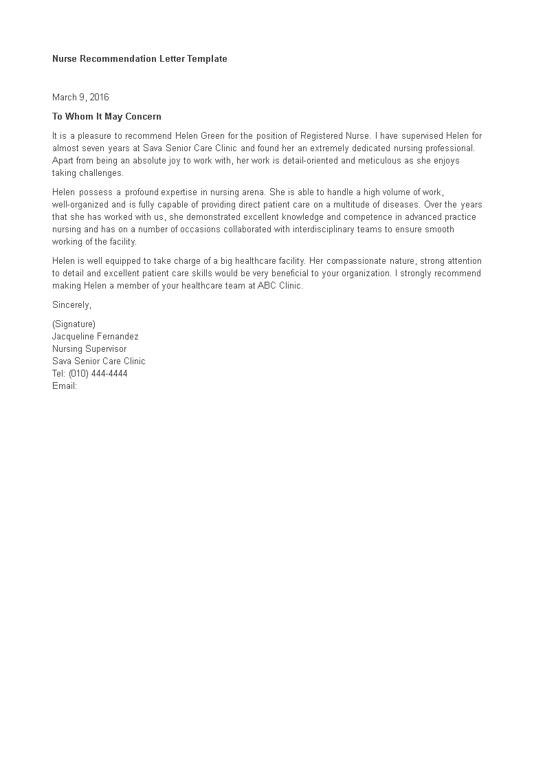 Recommendation Letter For Nurse From Doctor Templates At within proportions 793 X 1122