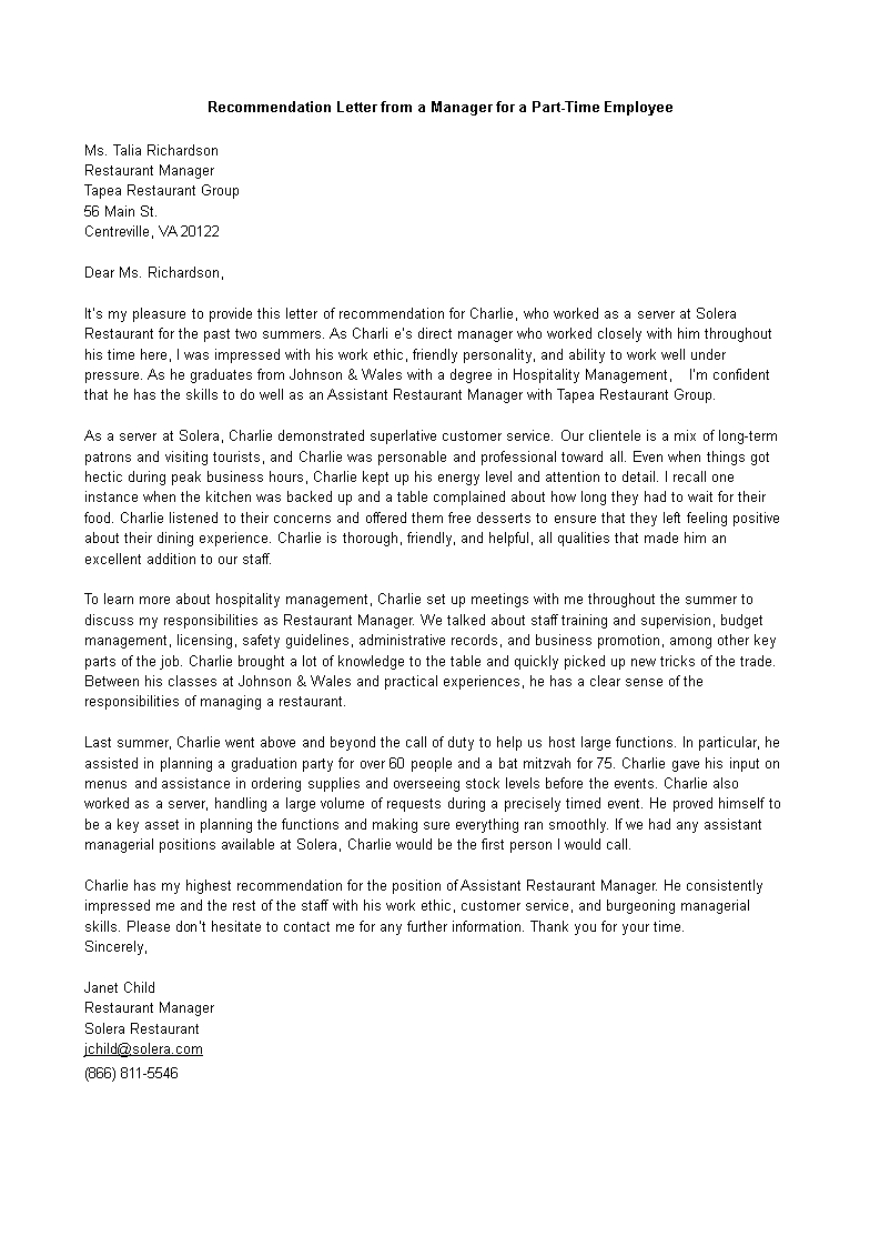 Recommendation Letter For Part Time Employee Templates with proportions 793 X 1122