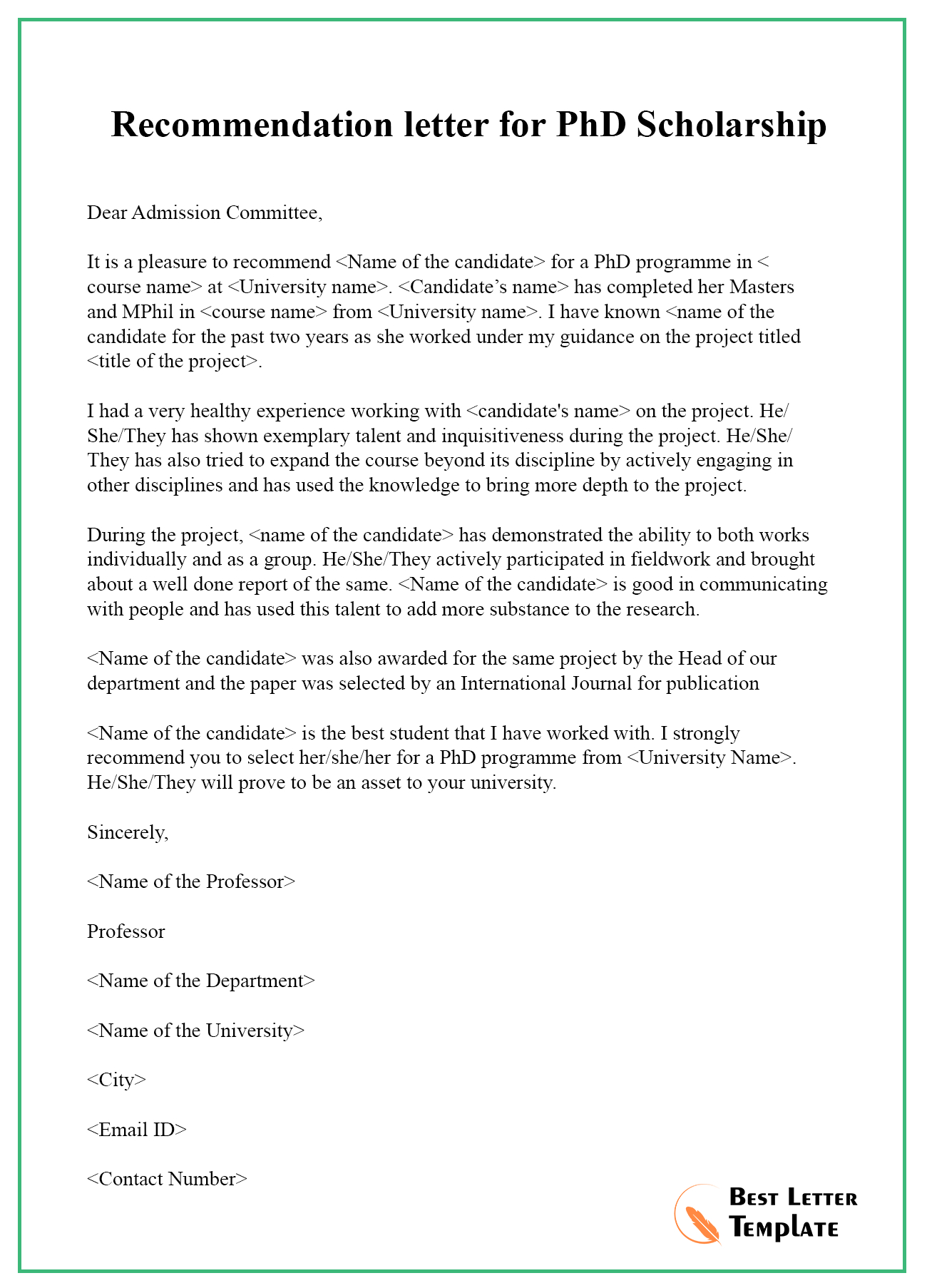 Recommendation Letter For Phd Scholarship Best Letter Template intended for size 1300 X 1806