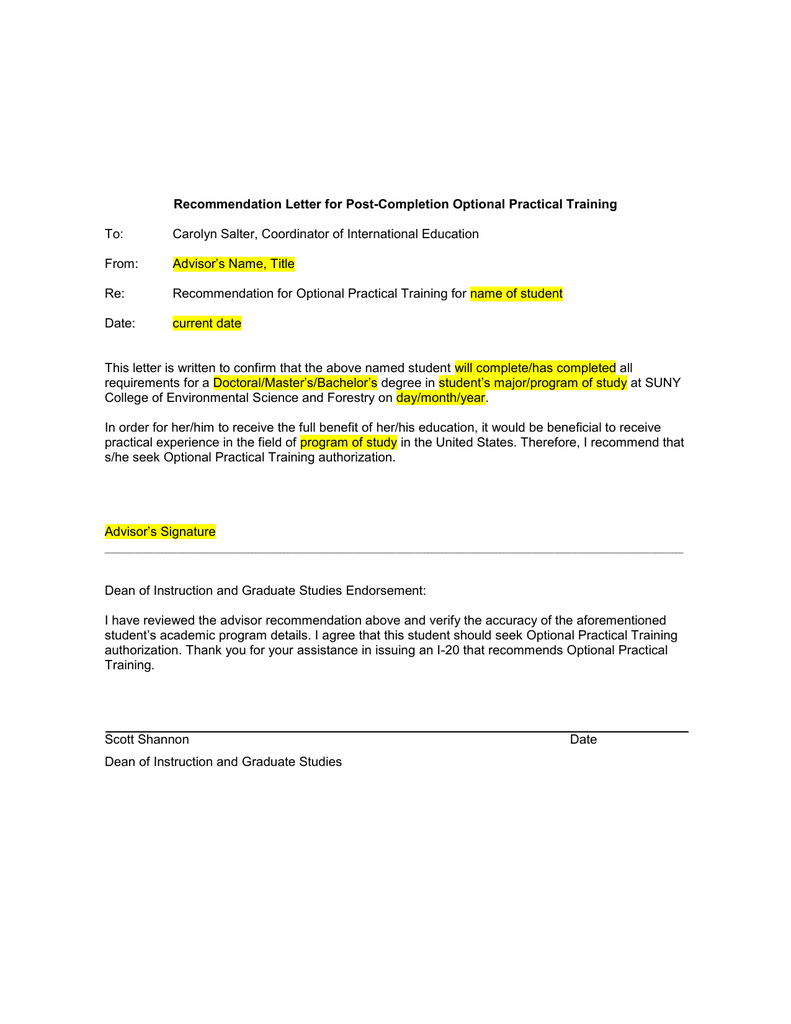 Recommendation Letter For Post Completion Optional Practical with regard to dimensions 791 X 1024