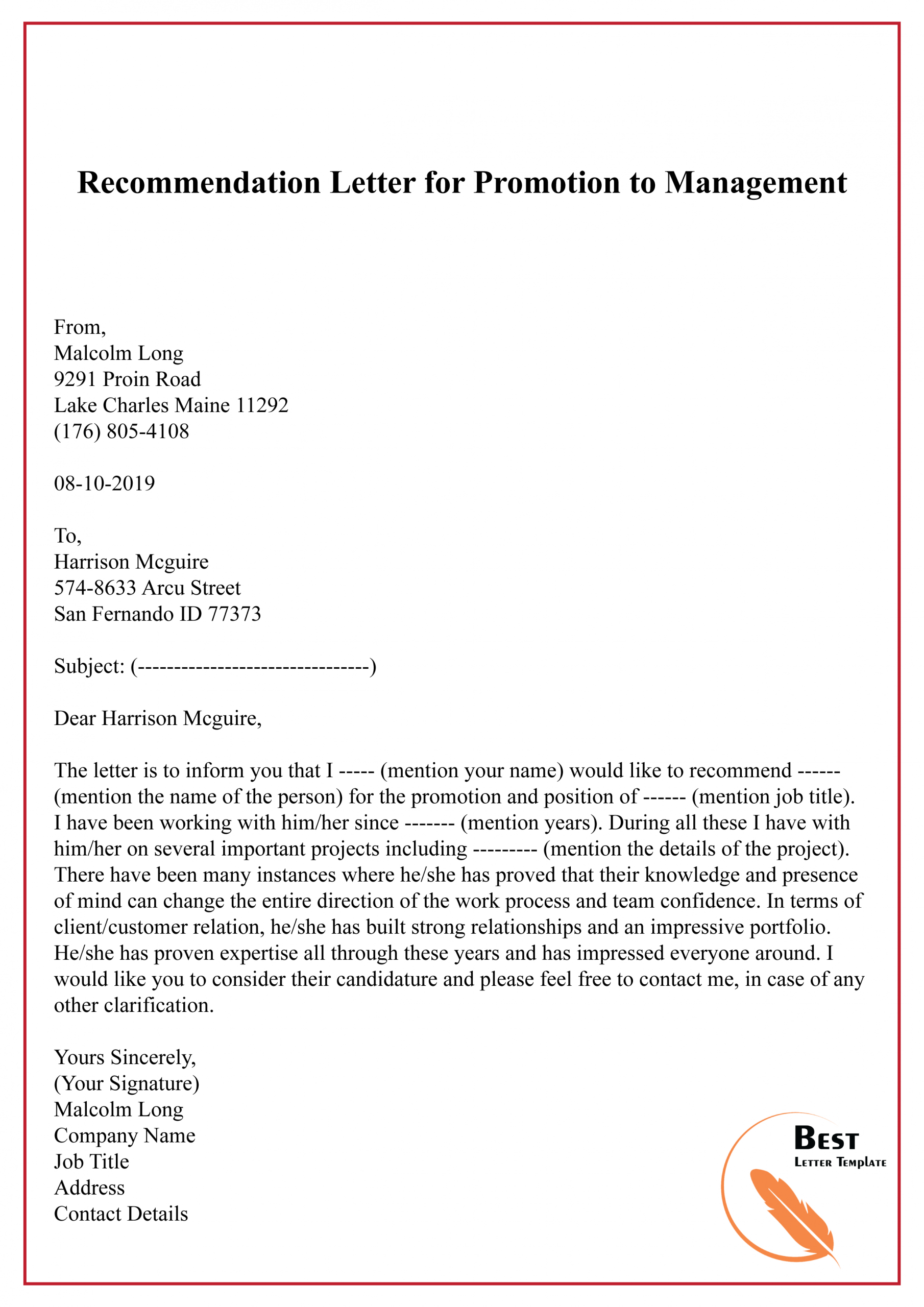 Recommendation Letter For Promotion To Management 01 Best with regard to size 2480 X 3508