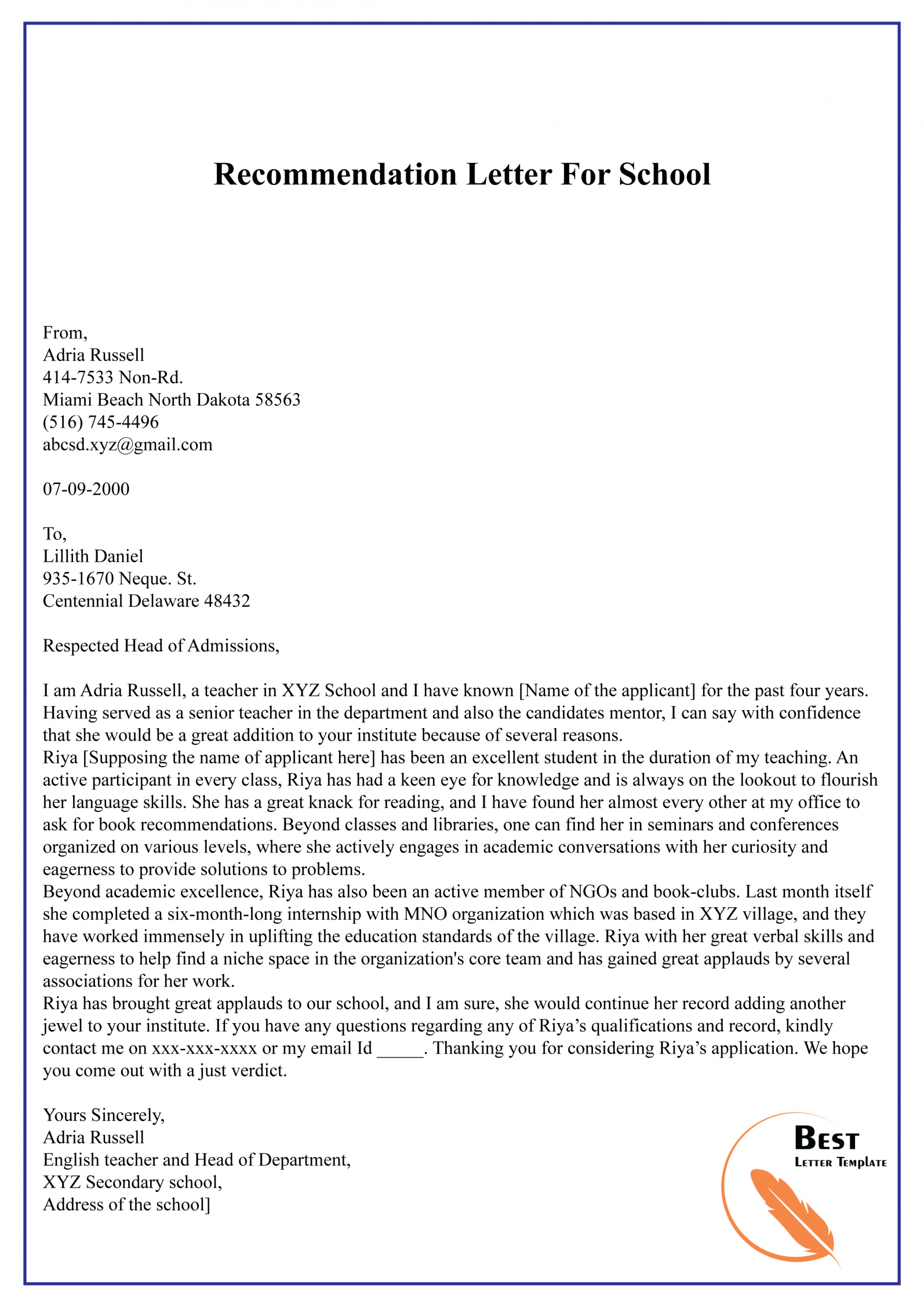 Recommendation Letter For School 01 Best Letter Template in measurements 2480 X 3508