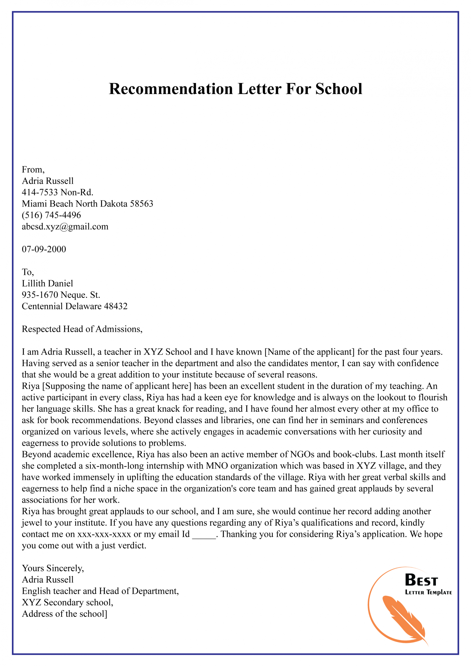 Recommendation Letter For School 01 Best Letter Template inside dimensions 2480 X 3508