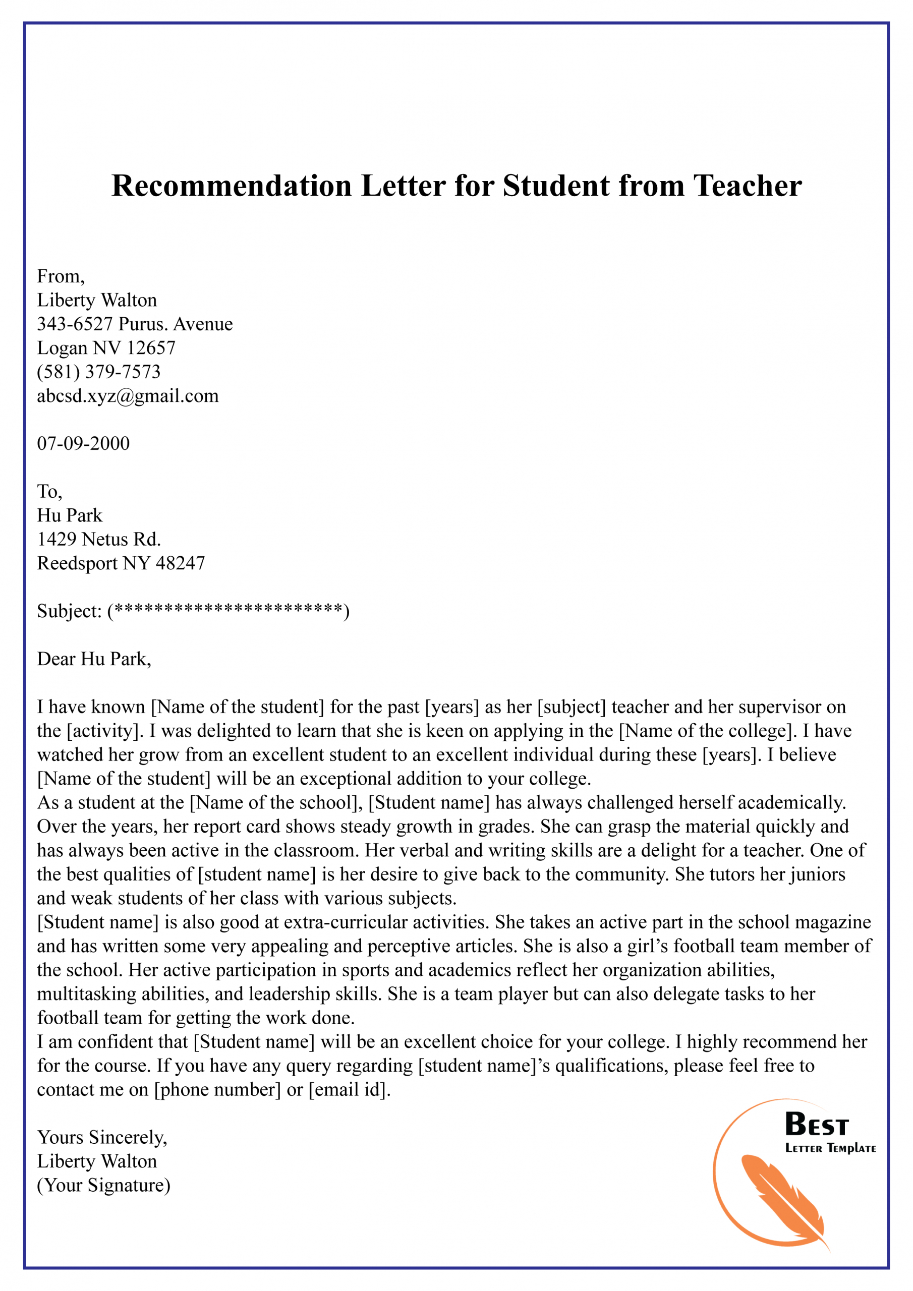 Recommendation Letter For Student From Teacher 01 Best in measurements 2480 X 3508