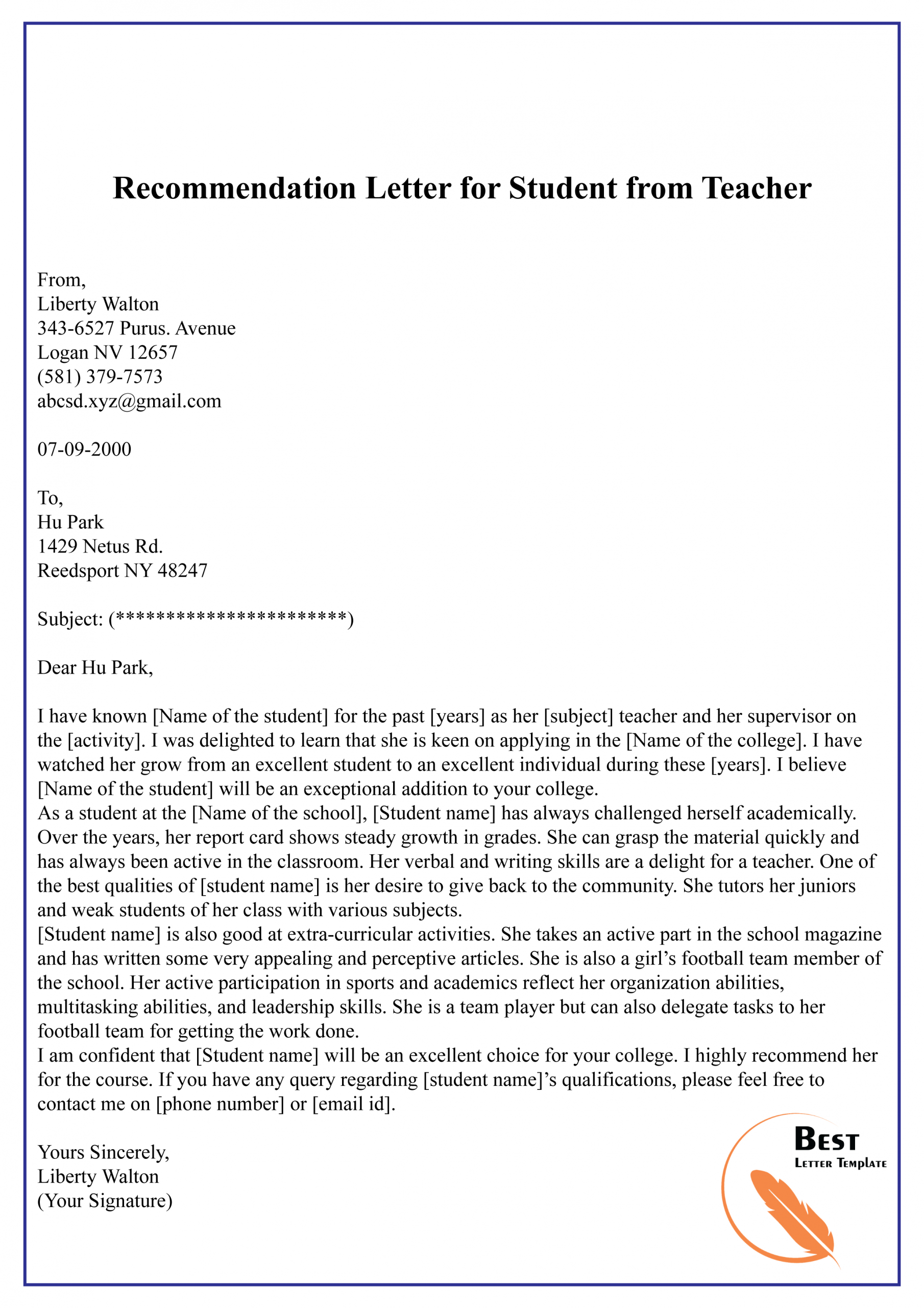 Recommendation Letter For Student From Teacher 01 Best with regard to size 2480 X 3508
