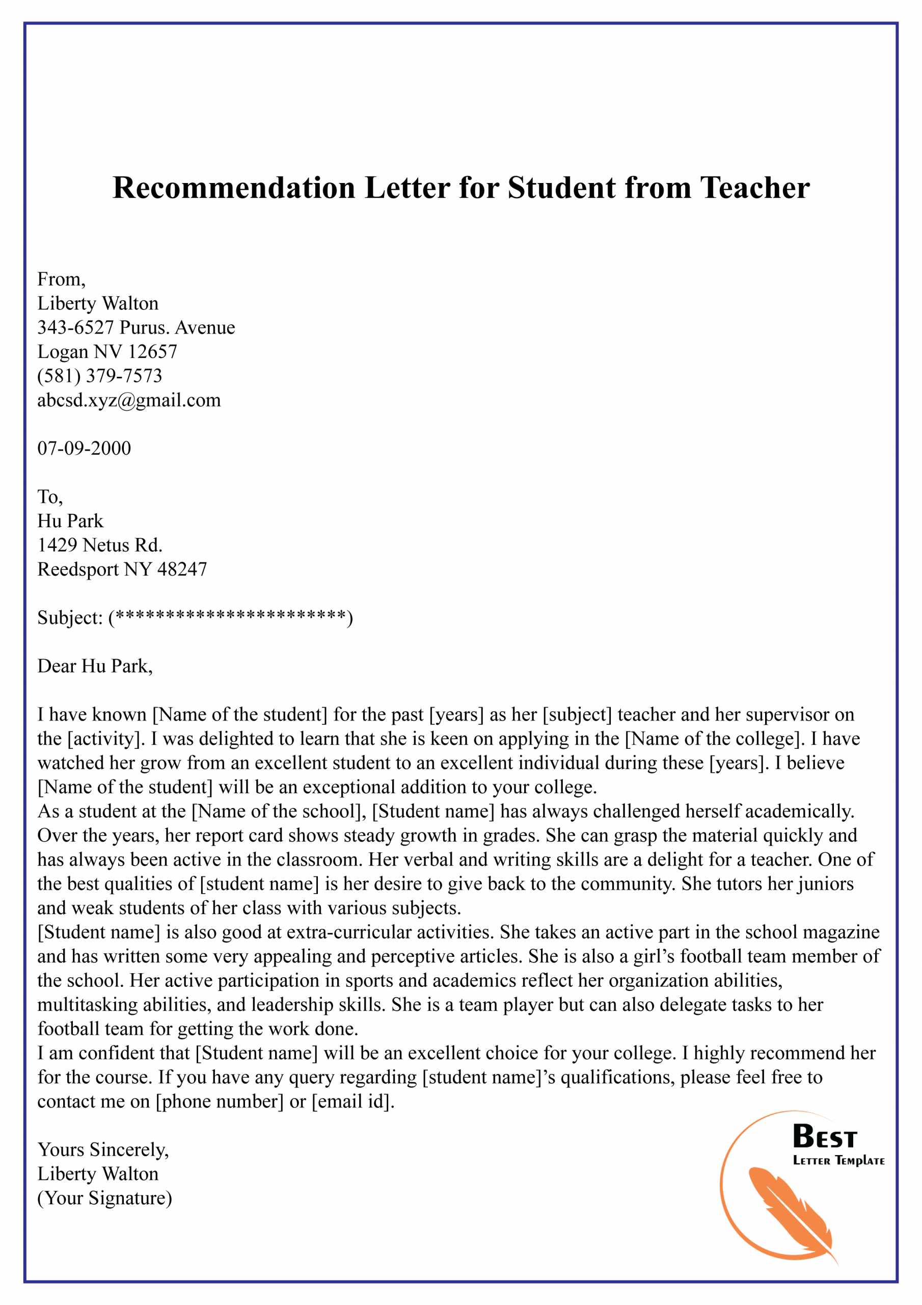 Best Recommendation Letter For Student From Teacher Invitation 