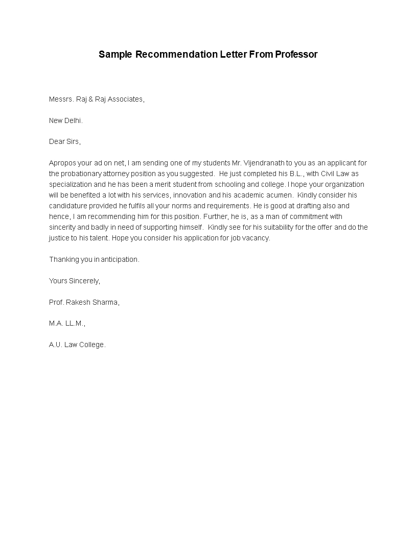 Recommendation Letter From Professor for proportions 816 X 1056