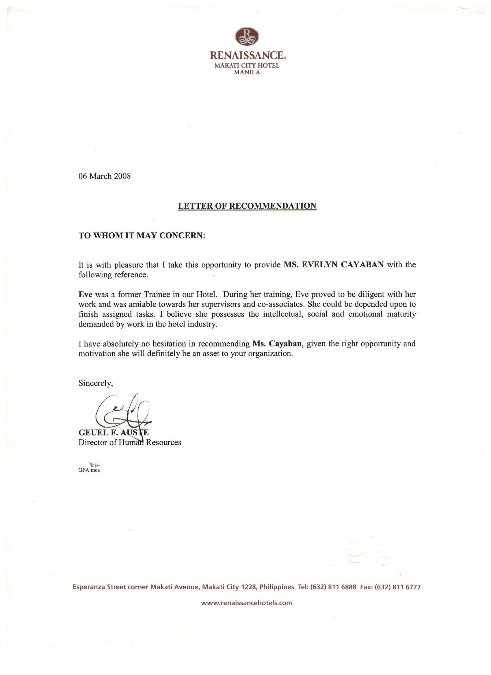 Recommendation Letter From Renaissance Makati City Hotel throughout size 1700 X 2338