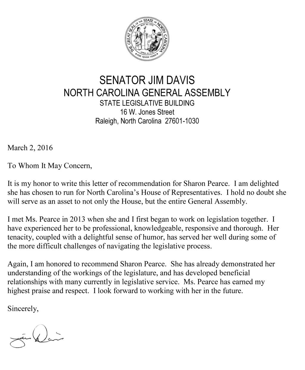 Recommendation Letter From Senator Jim Davis Vote Sharon pertaining to proportions 1024 X 1241