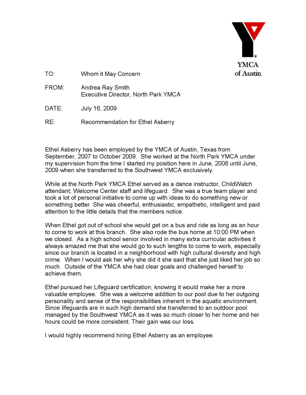 Recommendation Letter Np Ymca Ethel Asberry Issuu with regard to sizing 1159 X 1499