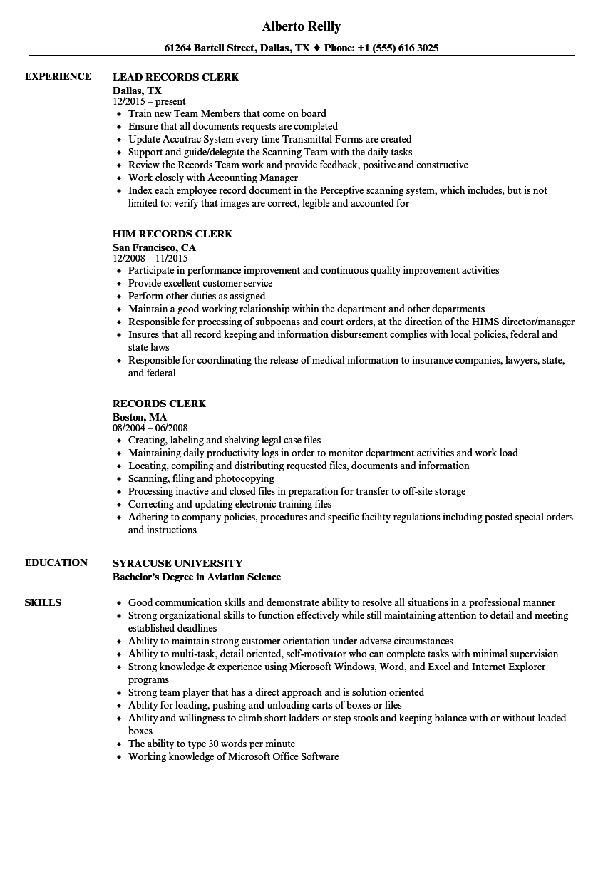 Records Clerk Resume Samples Velvet Jobs intended for proportions 860 X 1240