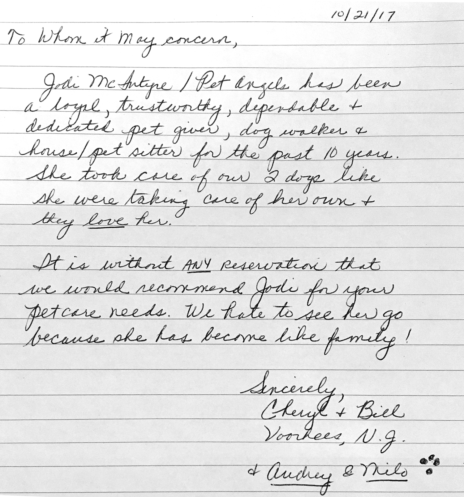 Reference Letter Cheryl And Bill Aunt Jodis Pet Care for size 1500 X 1607