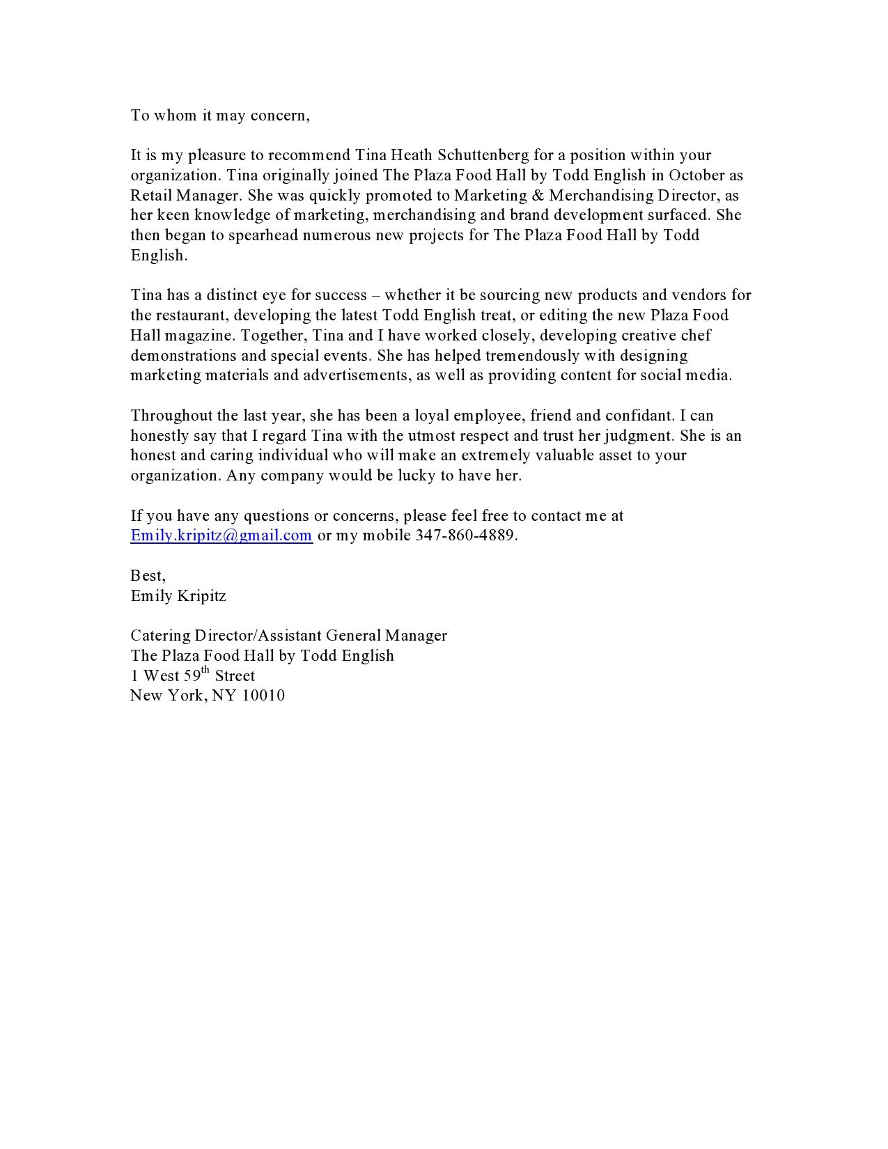 Reference Letter From Emily Former Catering Director At Todd for measurements 1275 X 1650