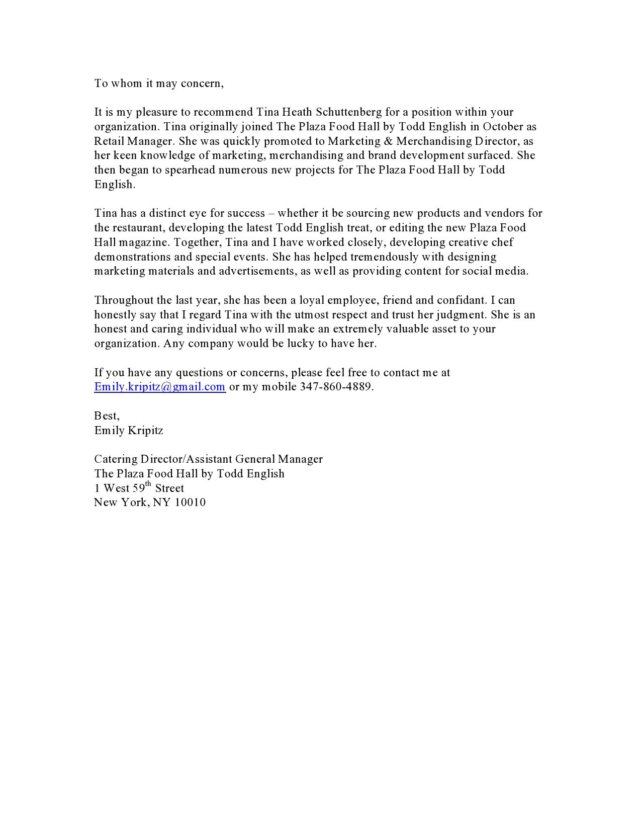 Reference Letter From Emily Former Catering Director At Todd with dimensions 1275 X 1650