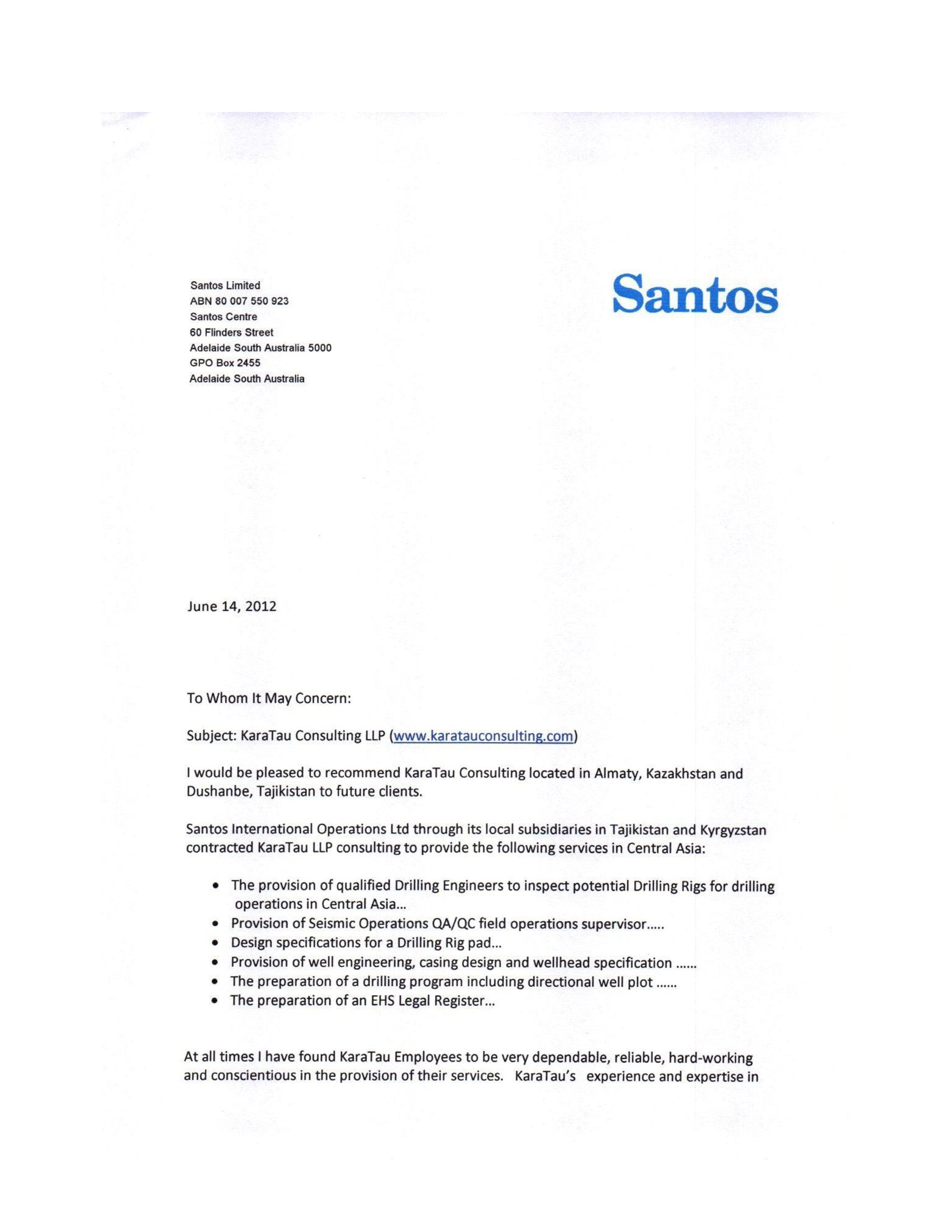 Reference Letter From Santos Karatau Consulting in size 1700 X 2200