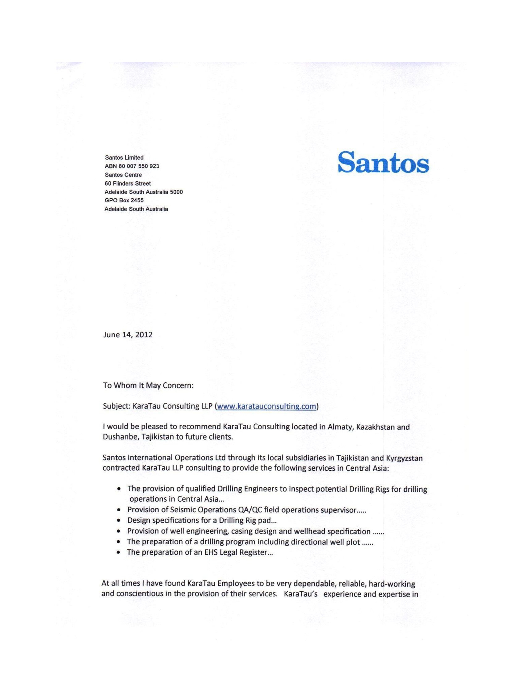 Reference Letter From Santos Karatau Consulting within size 1700 X 2200