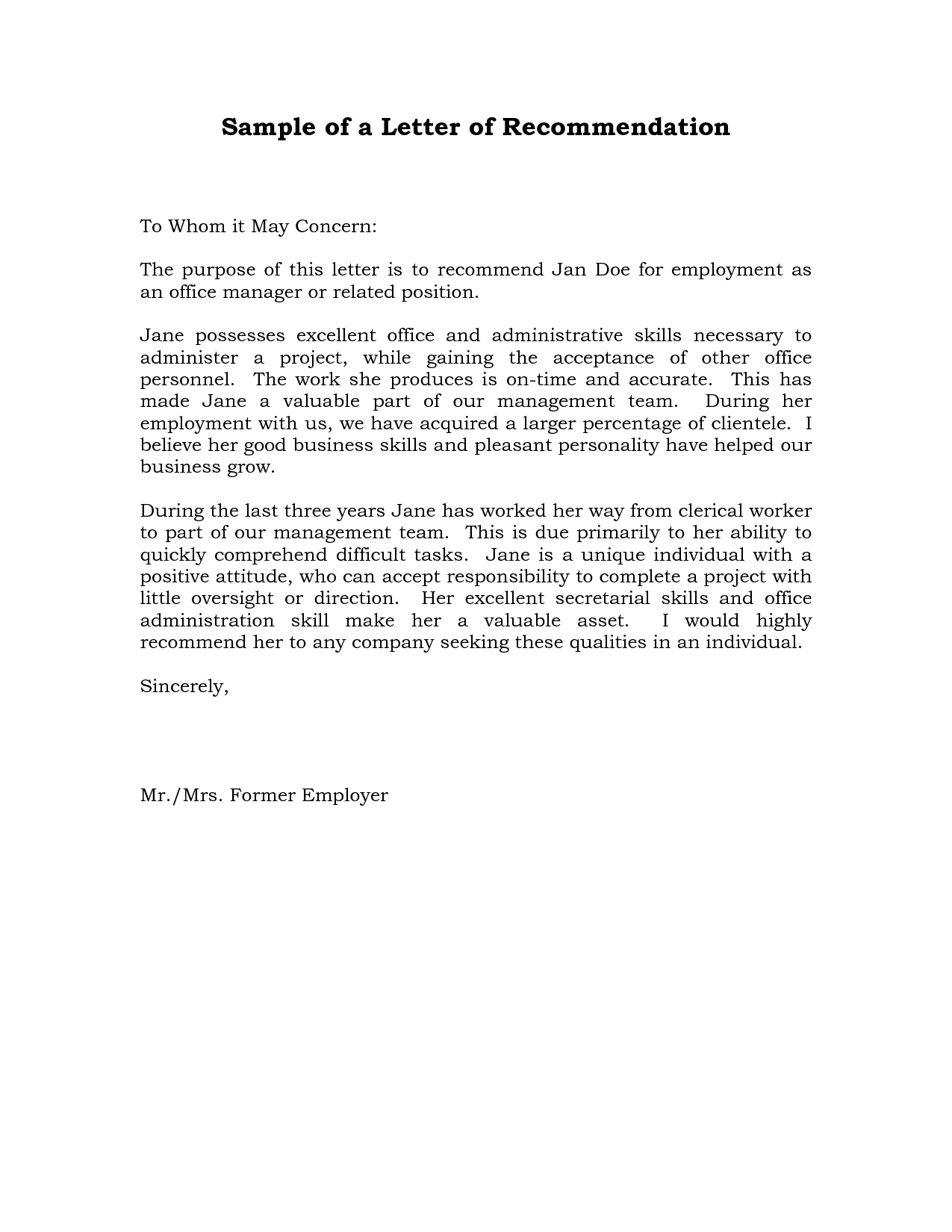 Reference Letter Of Recommendation Sample Sample Manager for size 1275 X 1650
