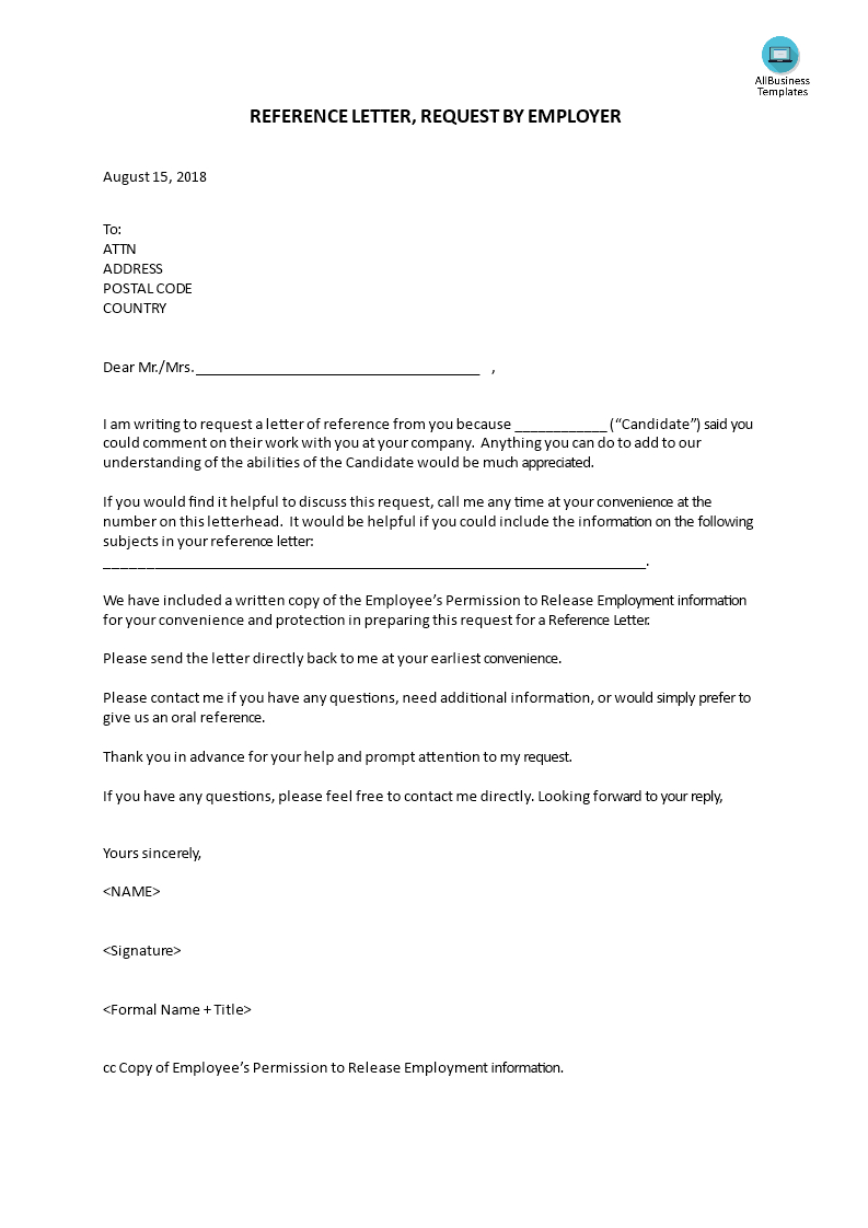 Reference Letter Request Employer Templates At pertaining to sizing 793 X 1122