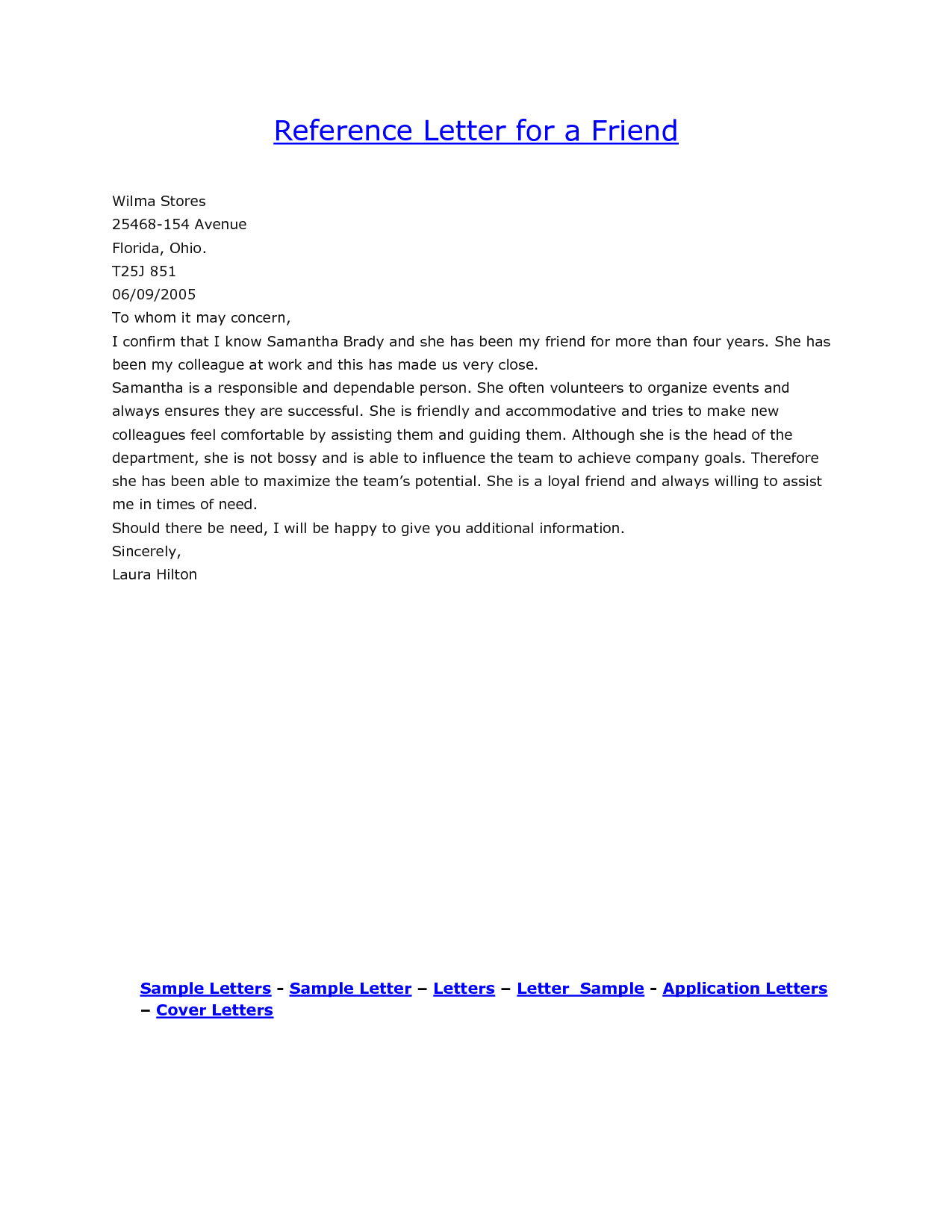 Friend Character Reference Letter Template