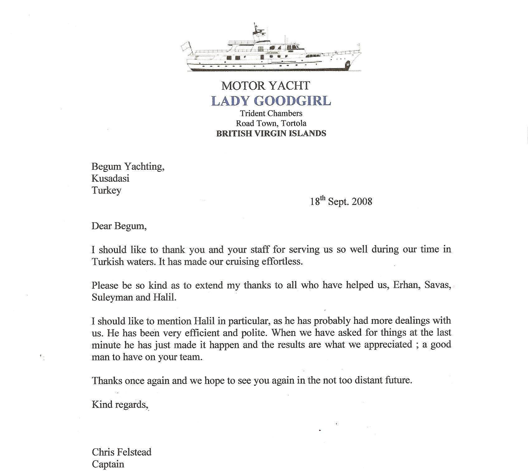 recommendation letter for yacht stewardess