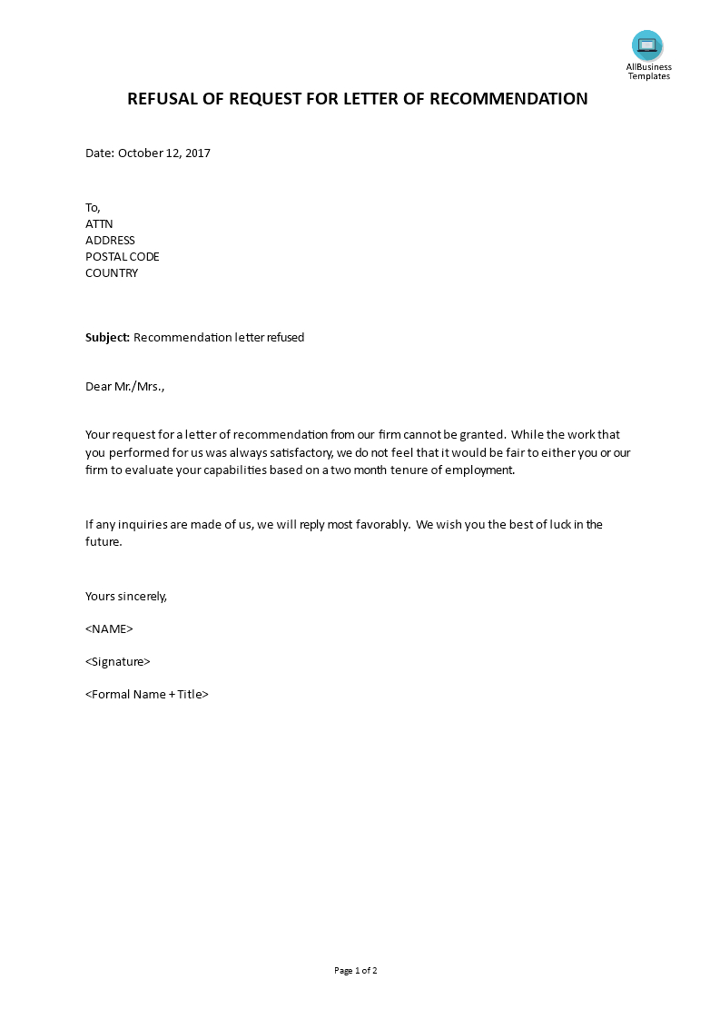 Refusal Of Request For Letter Of Recommendation intended for proportions 793 X 1122