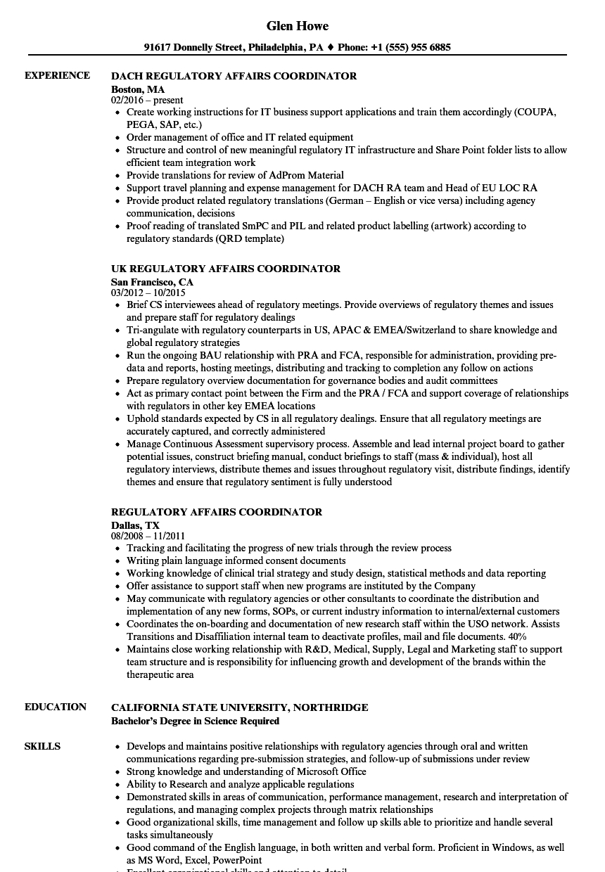 Regulatory Affairs Coordinator Resume Samples Velvet Jobs inside proportions 860 X 1240