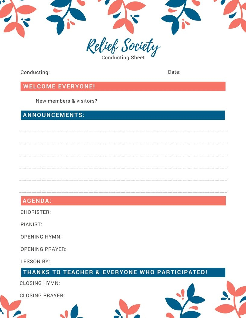 Relief Society Conducting Sheet Template Free Printable within size 816 X 1056