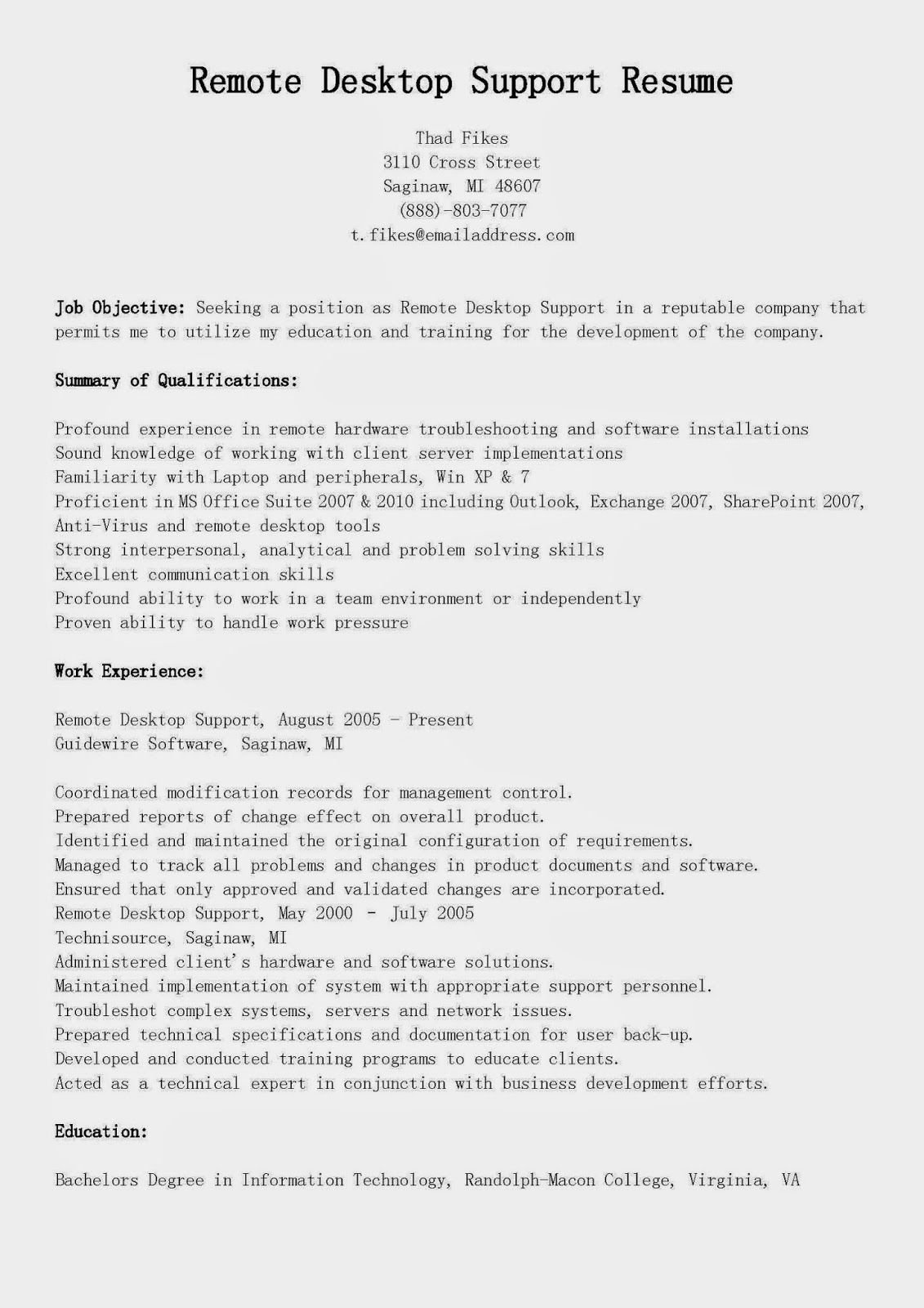 Remote Desktop Support Resume Sample Desktop Support Resume throughout measurements 1131 X 1600