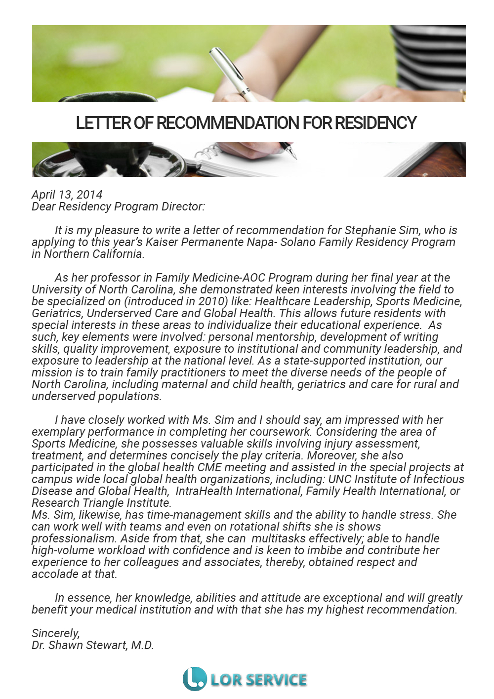 Letter Of Recommendation Sample Residency