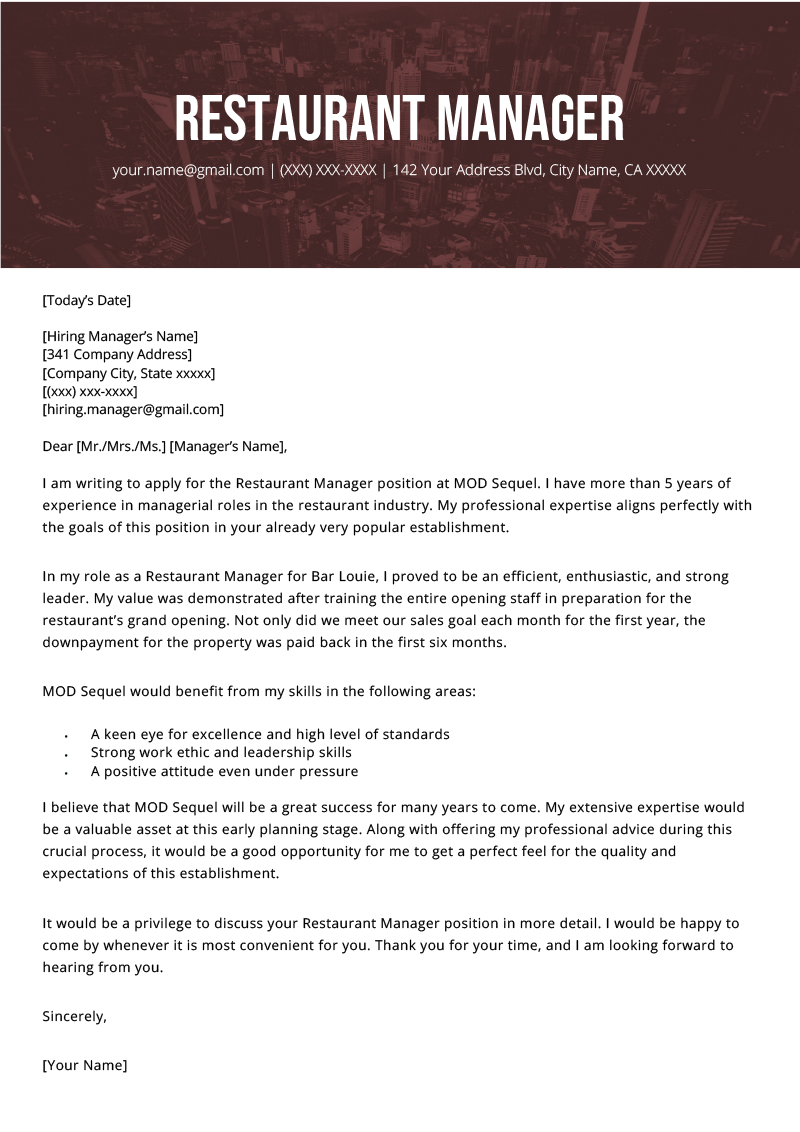 Restaurant Manager Cover Letter Example Resume Genius inside proportions 800 X 1132