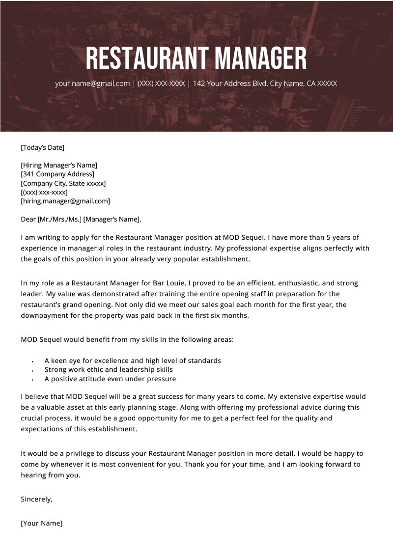 Cover Letter For Manager In Training Invitation Template Ideas   Restaurant Manager Cover Letter Example Resume Genius Inside Size 800 X 1132 