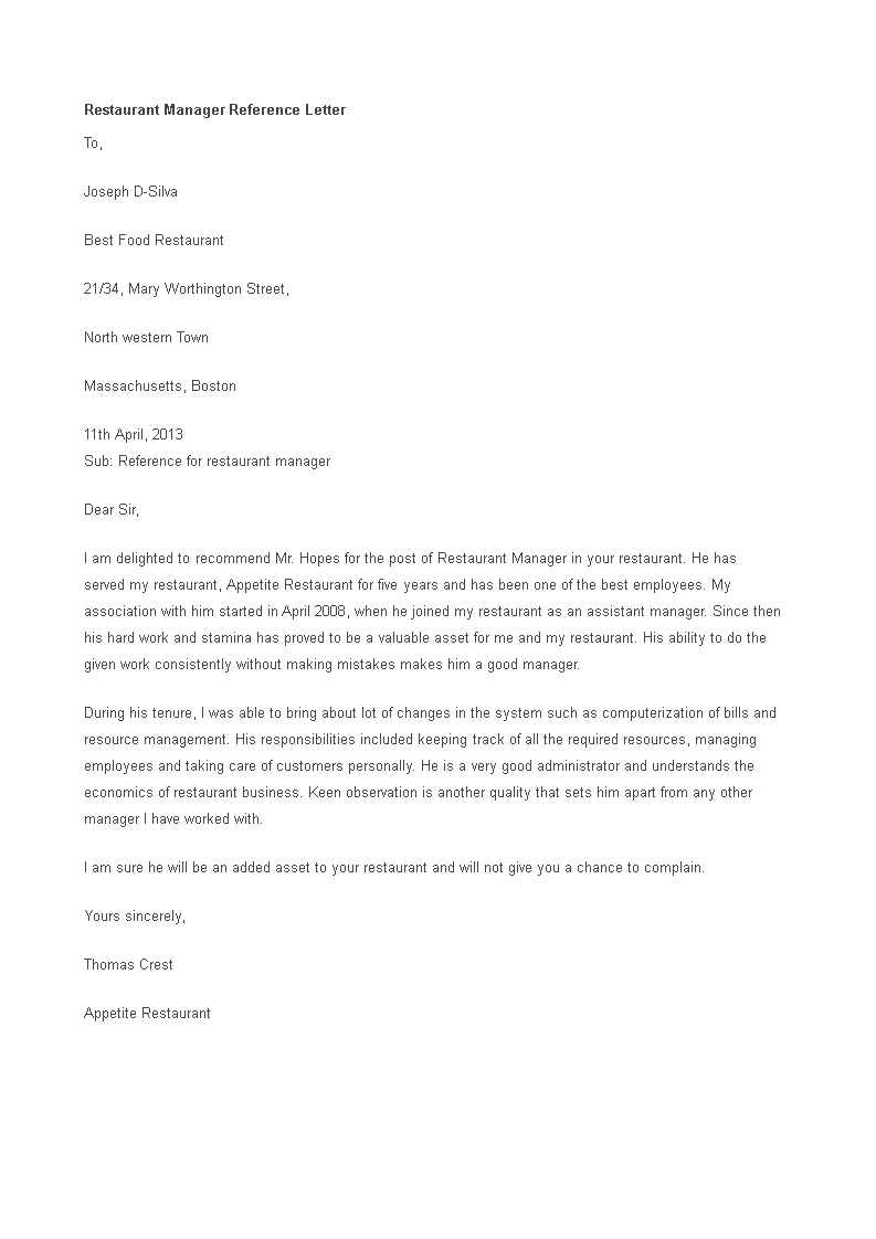 Restaurant Manager Reference Letter Template Templates At in dimensions 793 X 1122