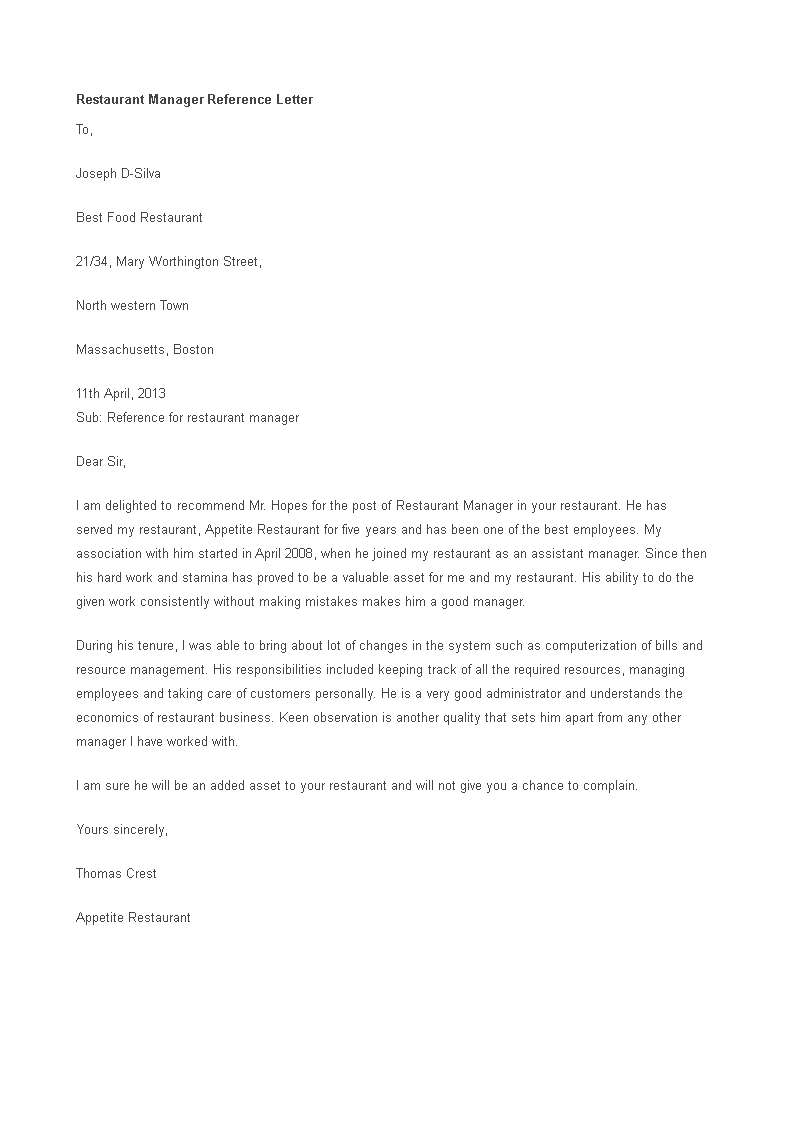Restaurant Manager Reference Letter Template Templates At in measurements 793 X 1122