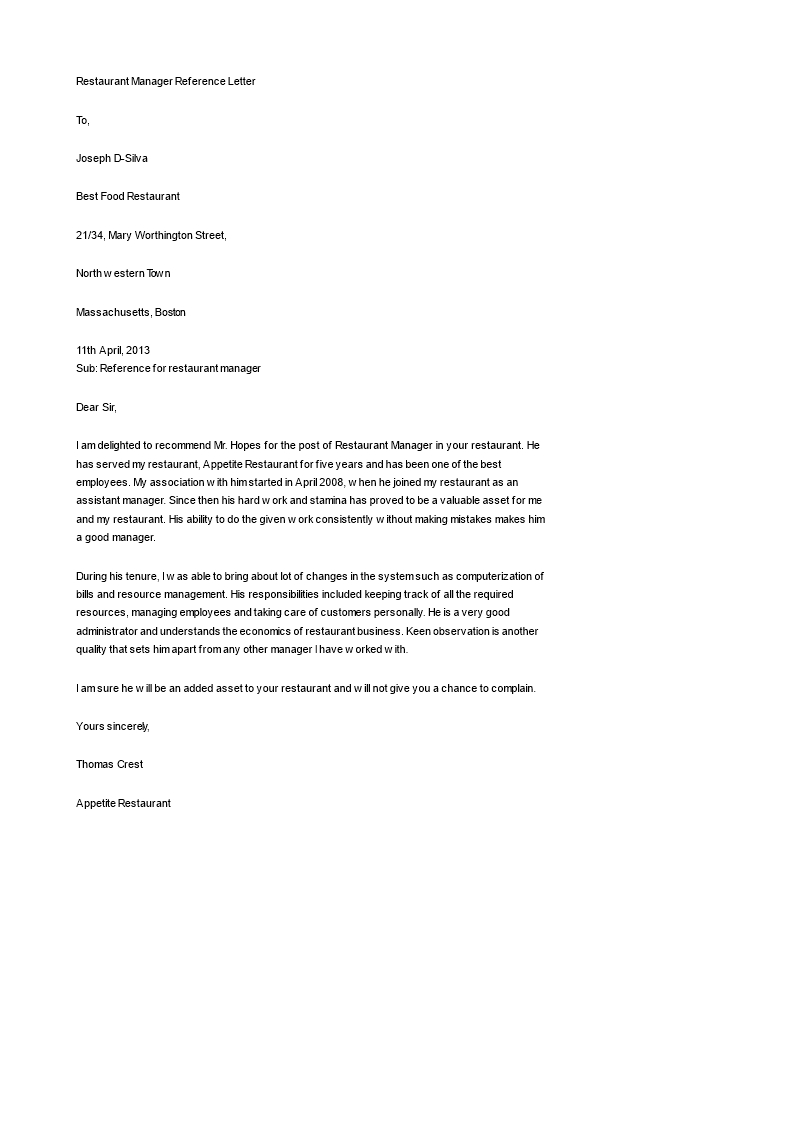 Restaurant Manager Reference Letter Templates At for measurements 793 X 1122