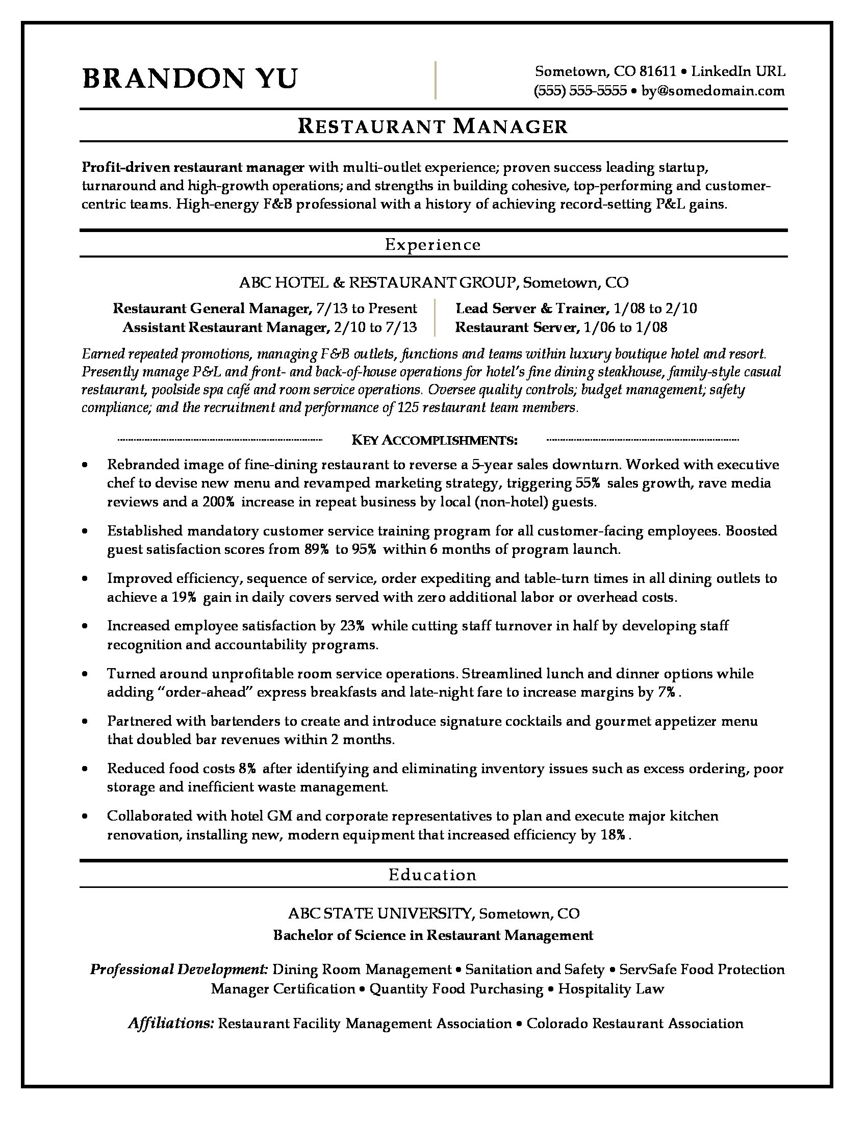 Restaurant Manager Resume Sample Monster with regard to proportions 1700 X 2200