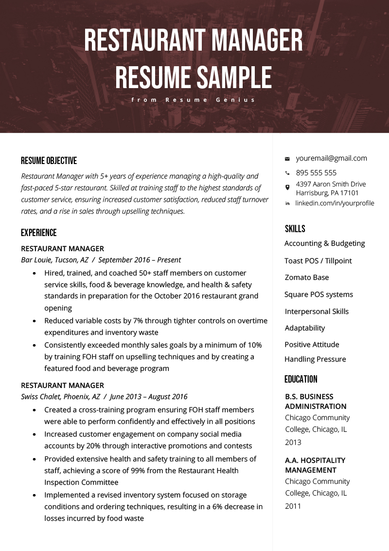 Restaurant Manager Resume Sample Tips Resume Genius for sizing 800 X 1132