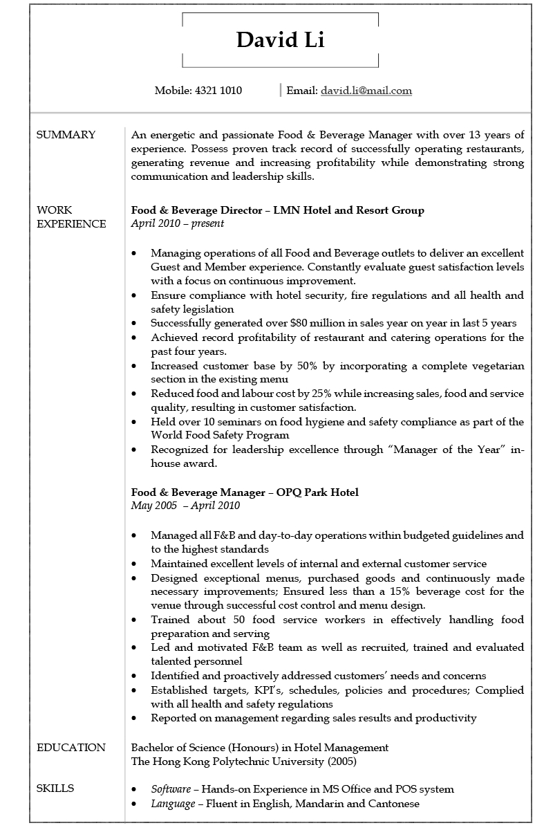 Resume Cv Sample For Food And Beverage Manager Jobsdb for sizing 800 X 1200