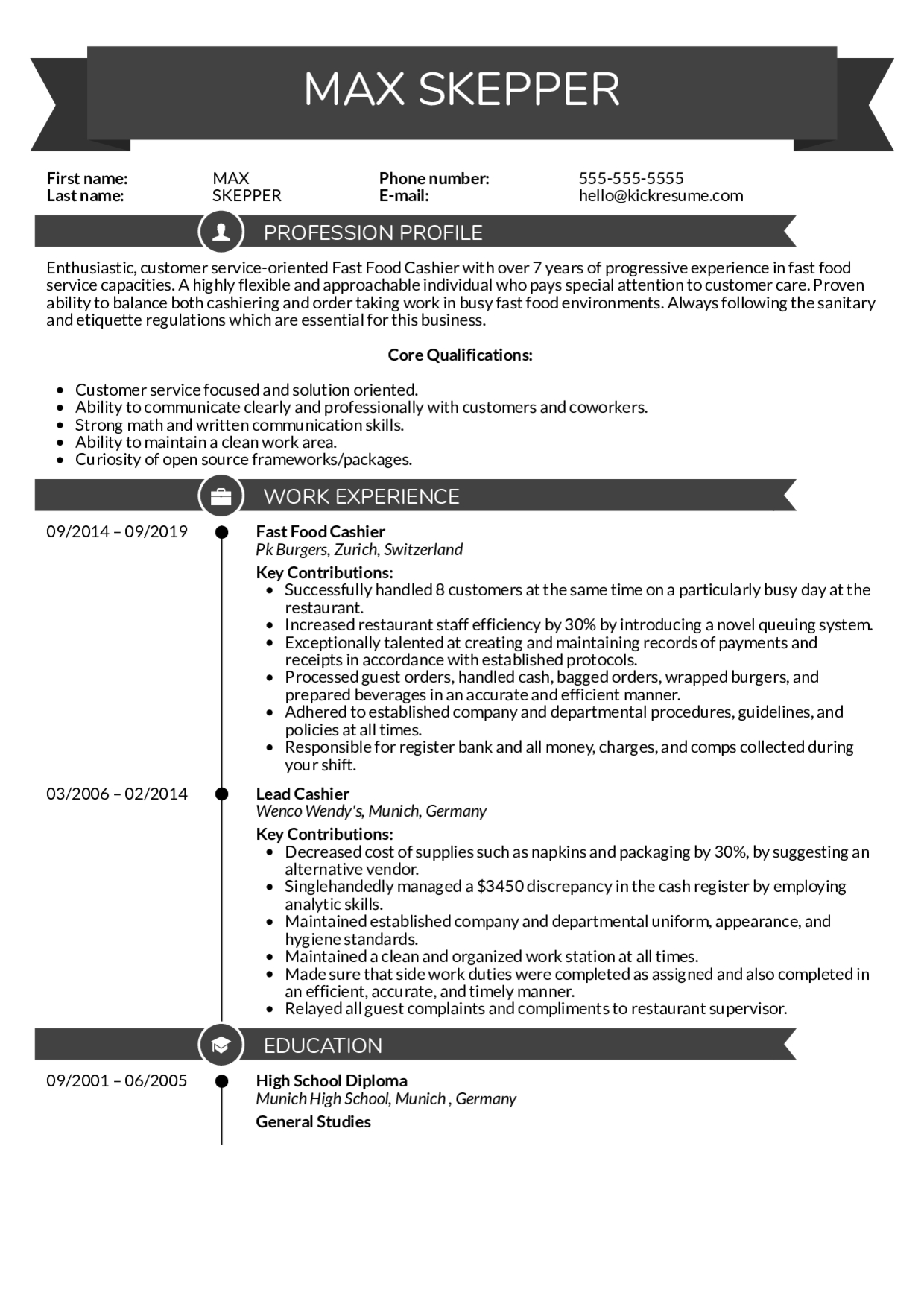 Resume Examples Real People Fast Food Cashier Resume regarding proportions 1240 X 1754