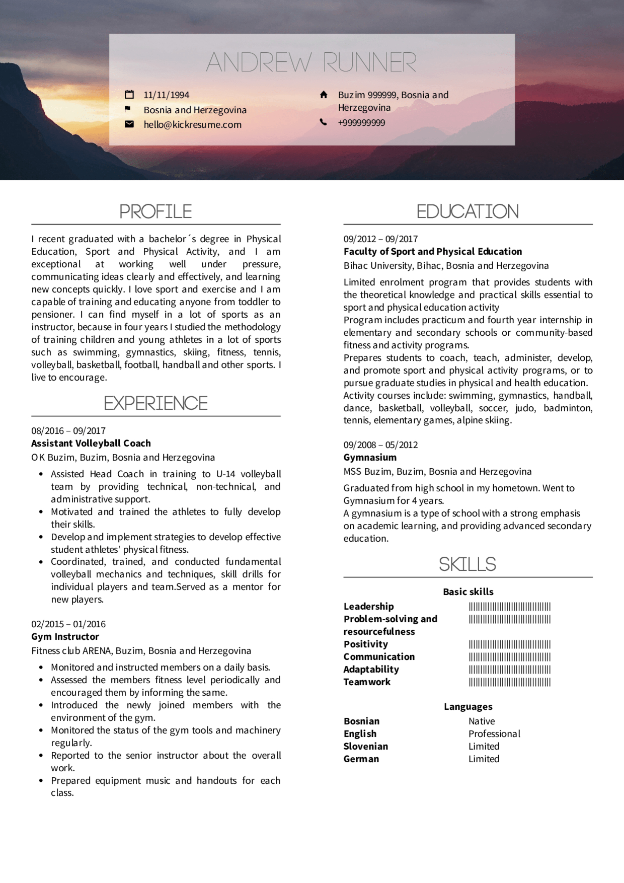 Resume Examples Real People Fitness Instructor inside size 1240 X 1754