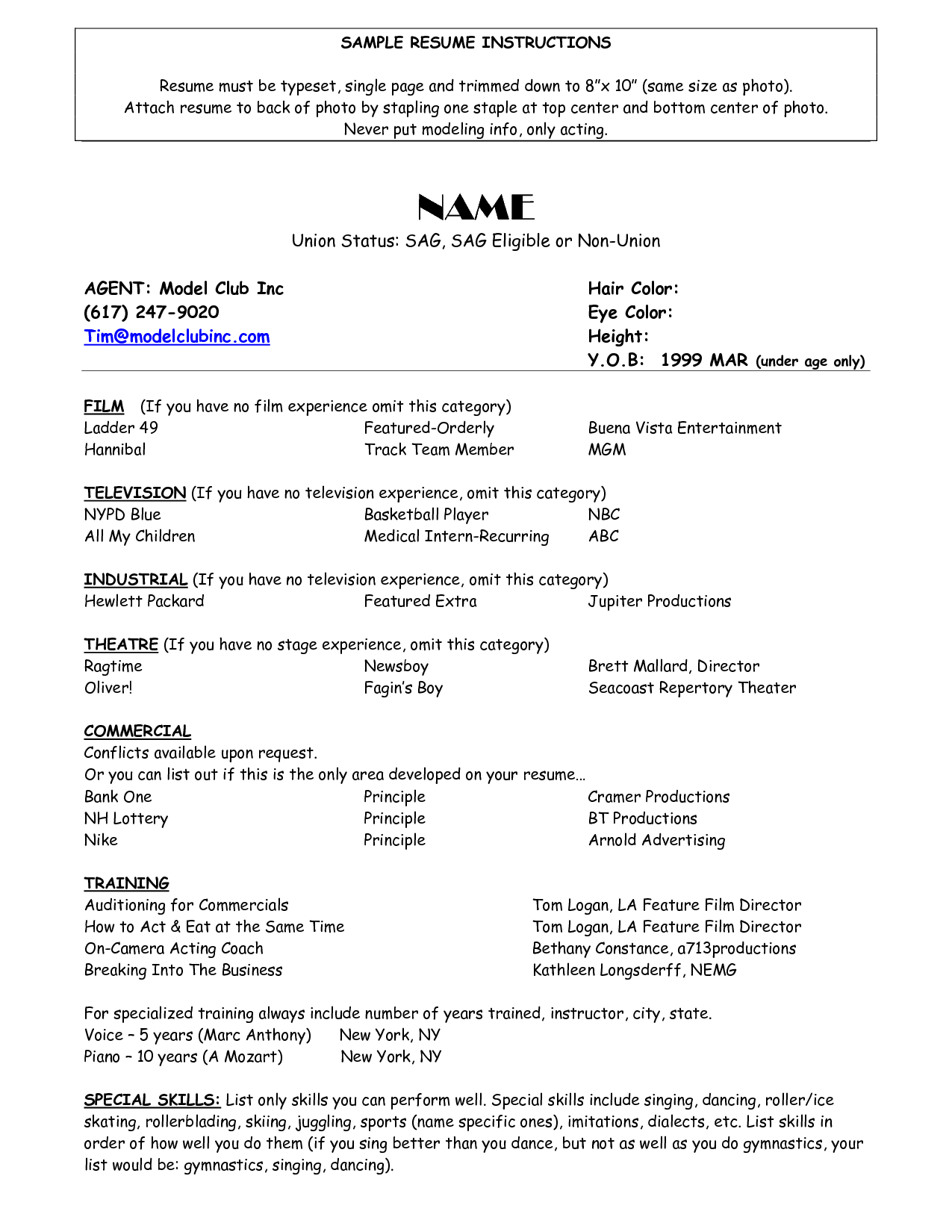 Resume For Child Actor Scope Of Work Template Acting Resume for sizing 1275 X 1650