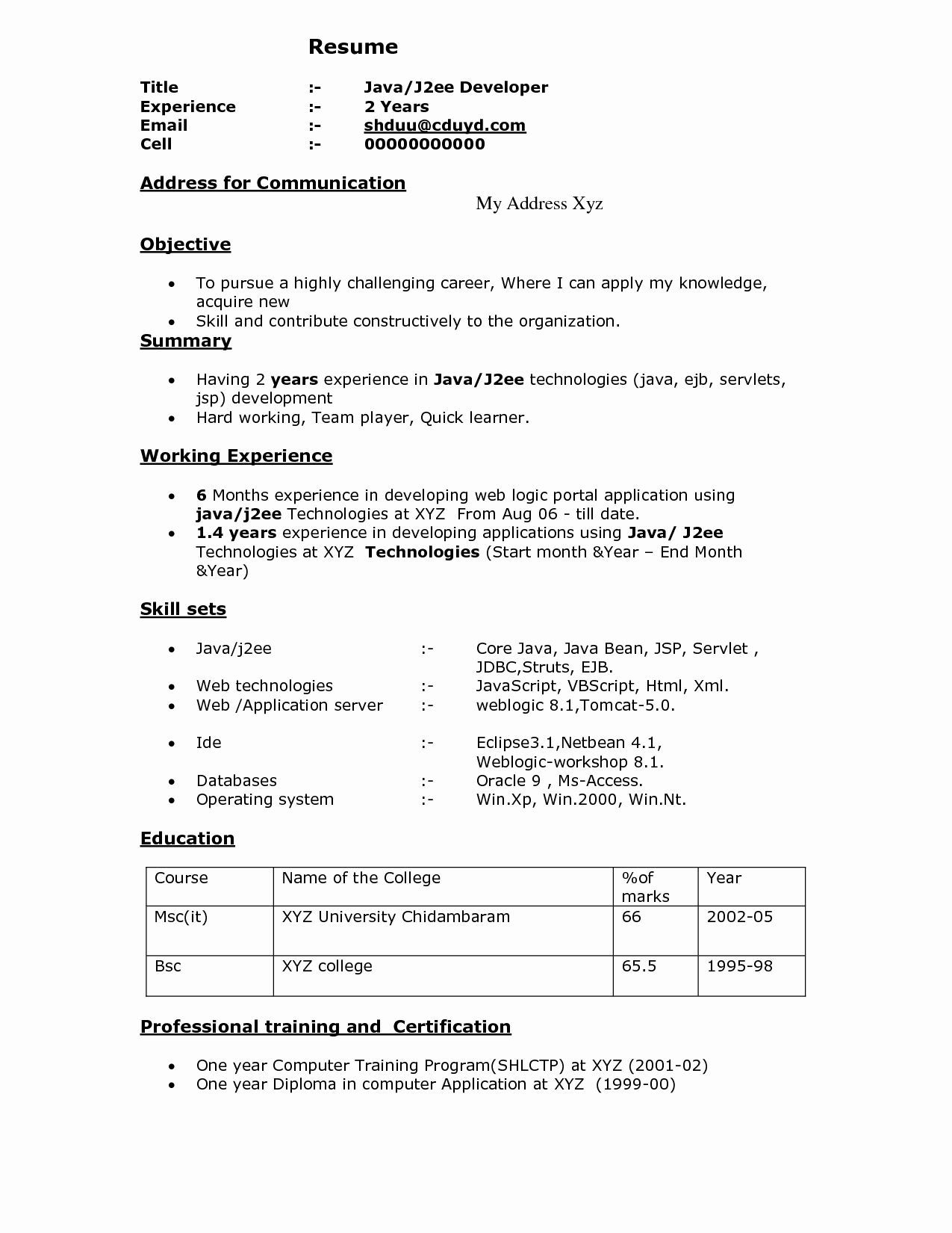 Resume Format For 6 Months Experience In Java Sample pertaining to measurements 1275 X 1650