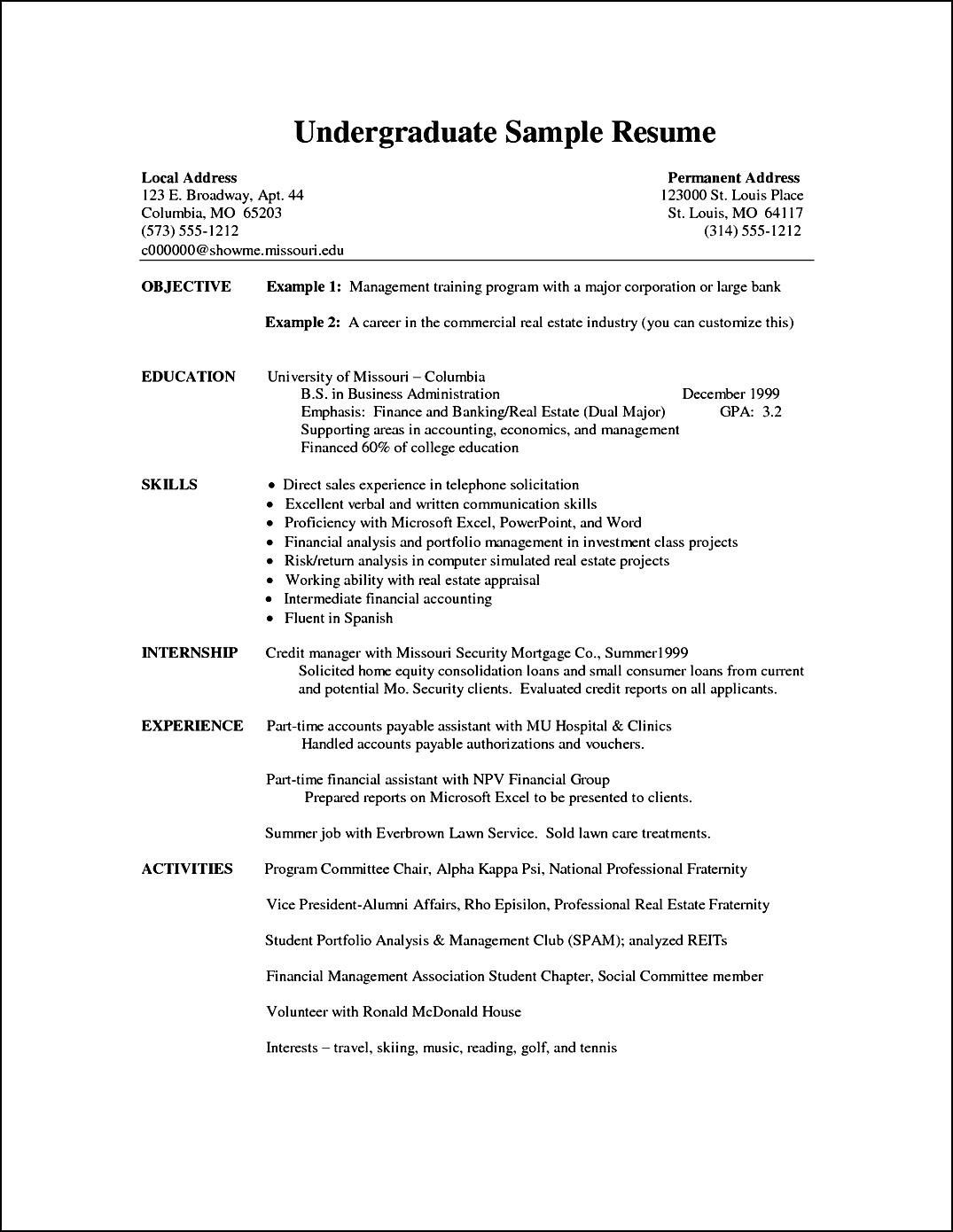 Resume Format Undergraduate Cv Examples Resume Format intended for measurements 1075 X 1390
