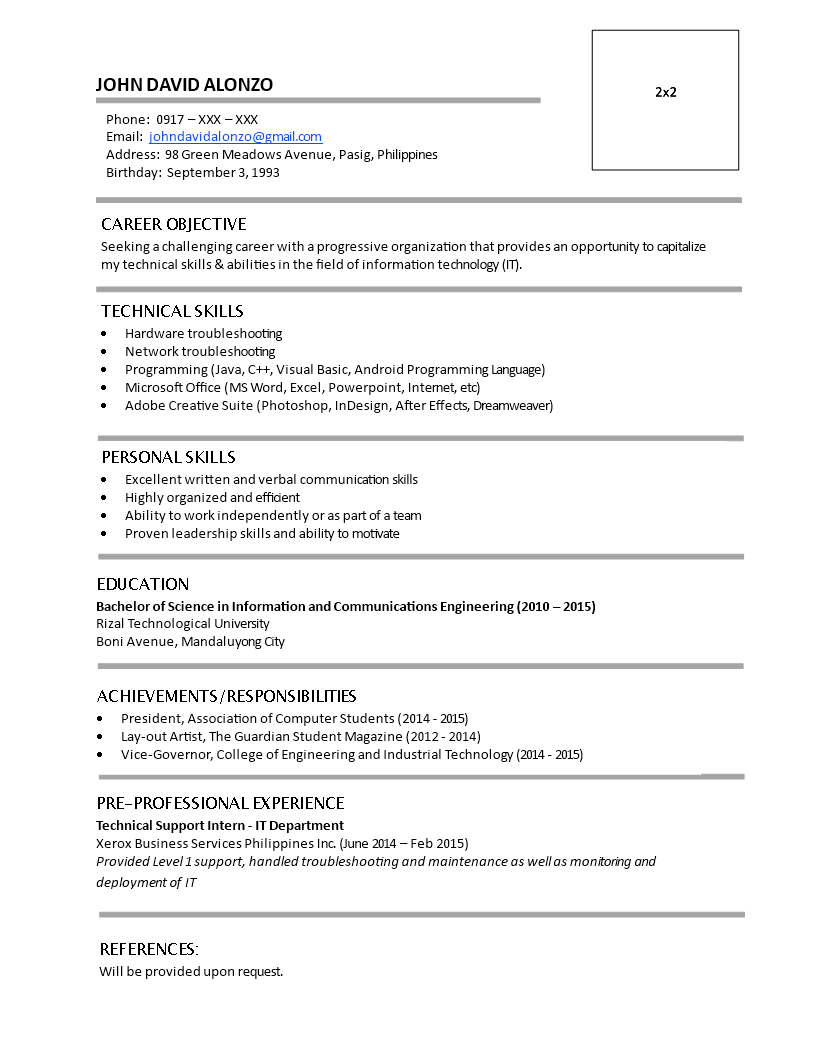 Resume Fresh Graduate Without Work Experience with regard to size 816 X 1056