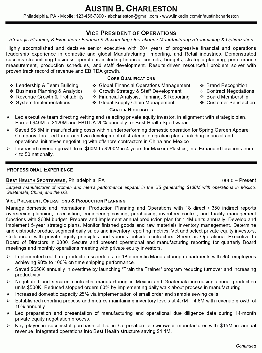 Resume Sample 4 Vice President Of Operations Career Resumes throughout dimensions 1101 X 1480