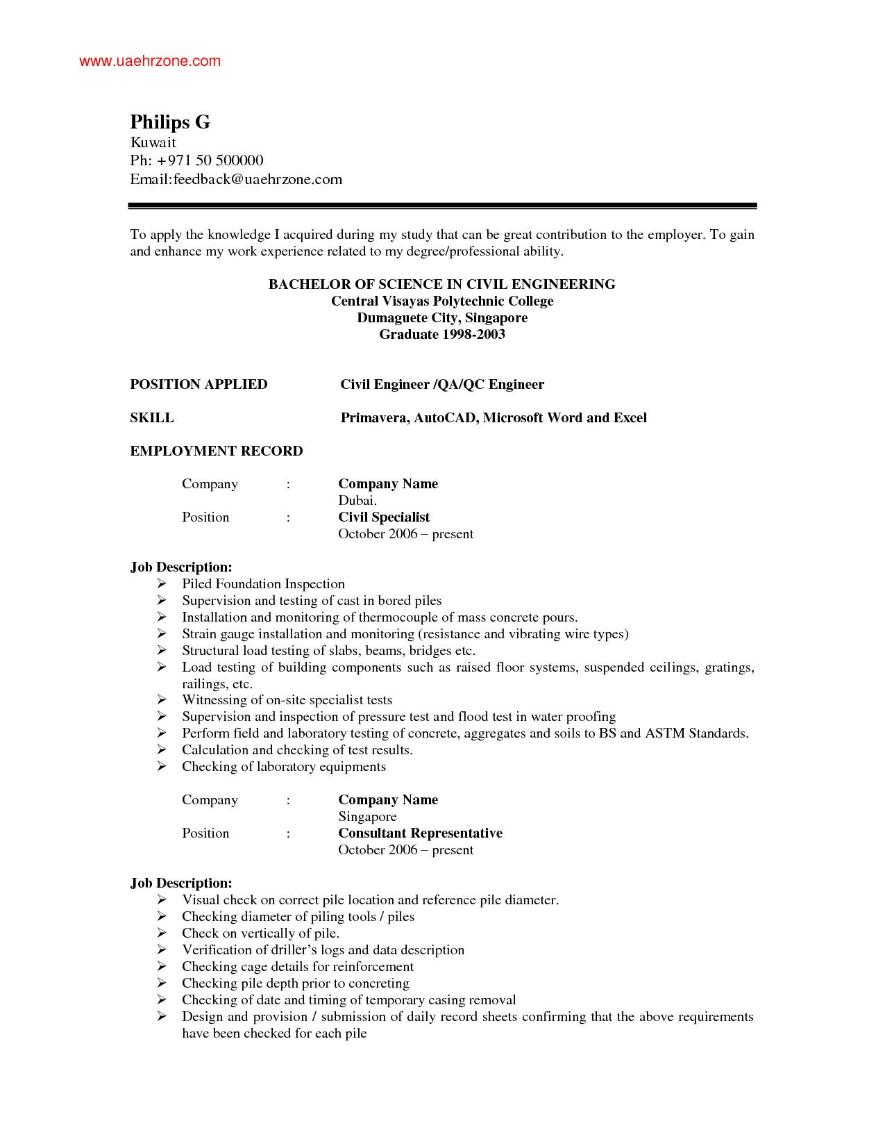 Resume Sample For Fresh Graduate Popular Resume For Civil regarding sizing 1275 X 1650